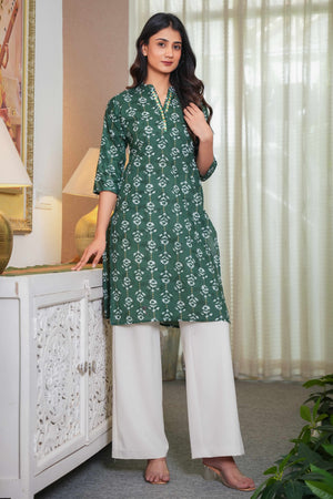 Dark Green Floral Block Printed Pure Cotton Straight Kurti for Elegant Comfort