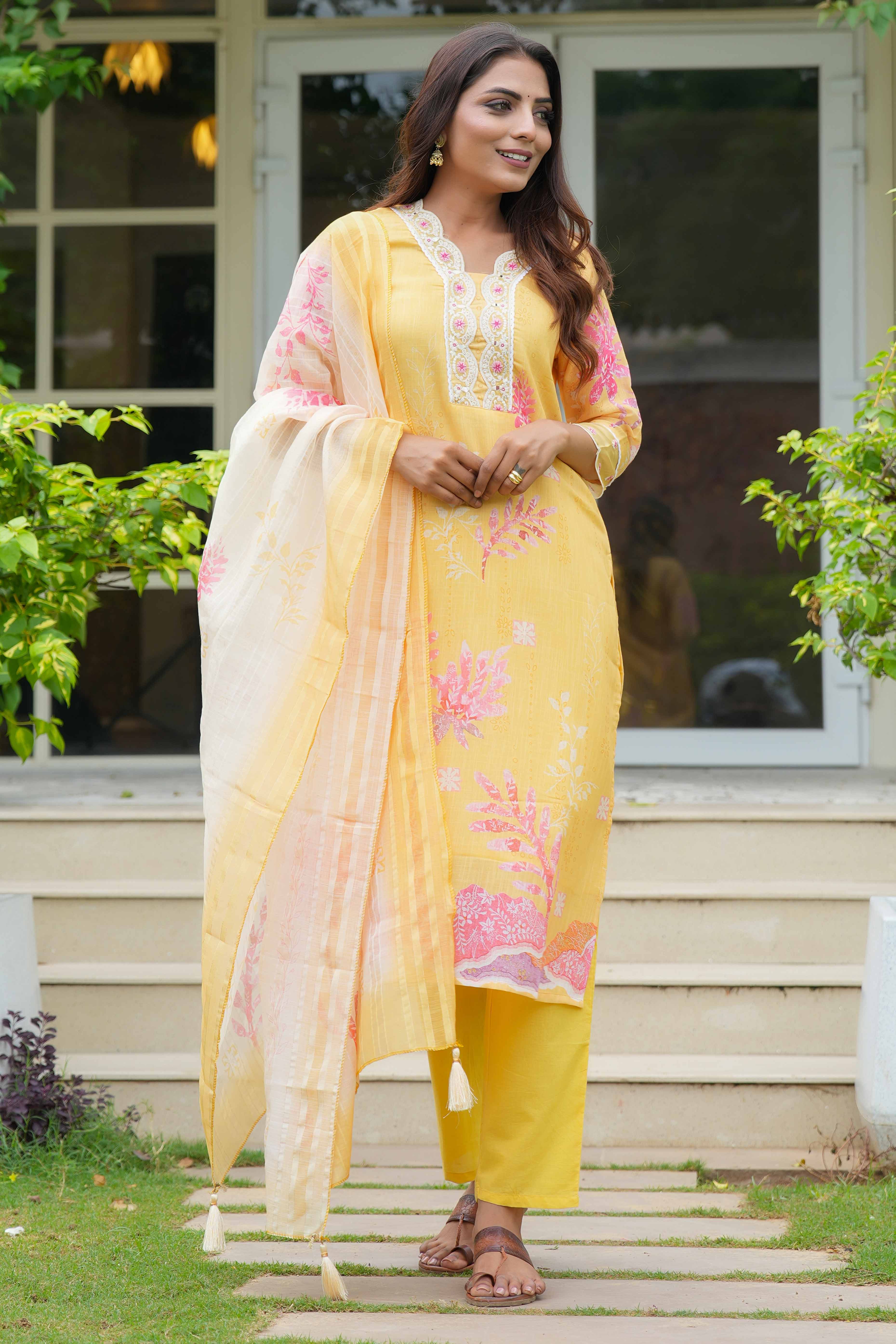 Yellow Floral With Lace Work One Neck Linen Salwar Suit