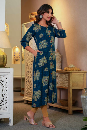 Comfort Fit Viscose A-Line Kurti in Dark Blue with Feminine Floral Print