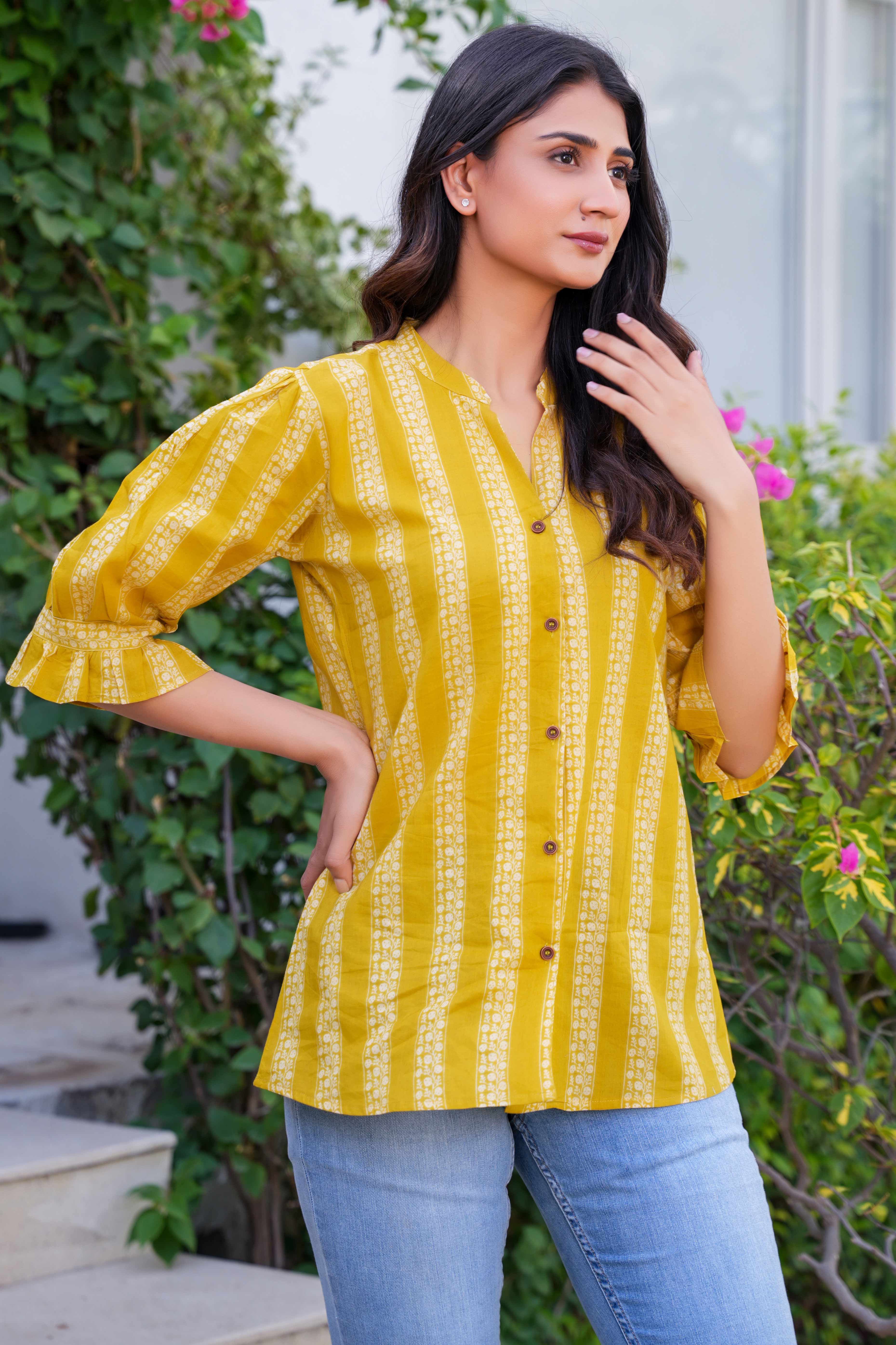 Everyday Comfort Olive Shirt Top with Elegant Floral-Striped Print in Pure Cotton