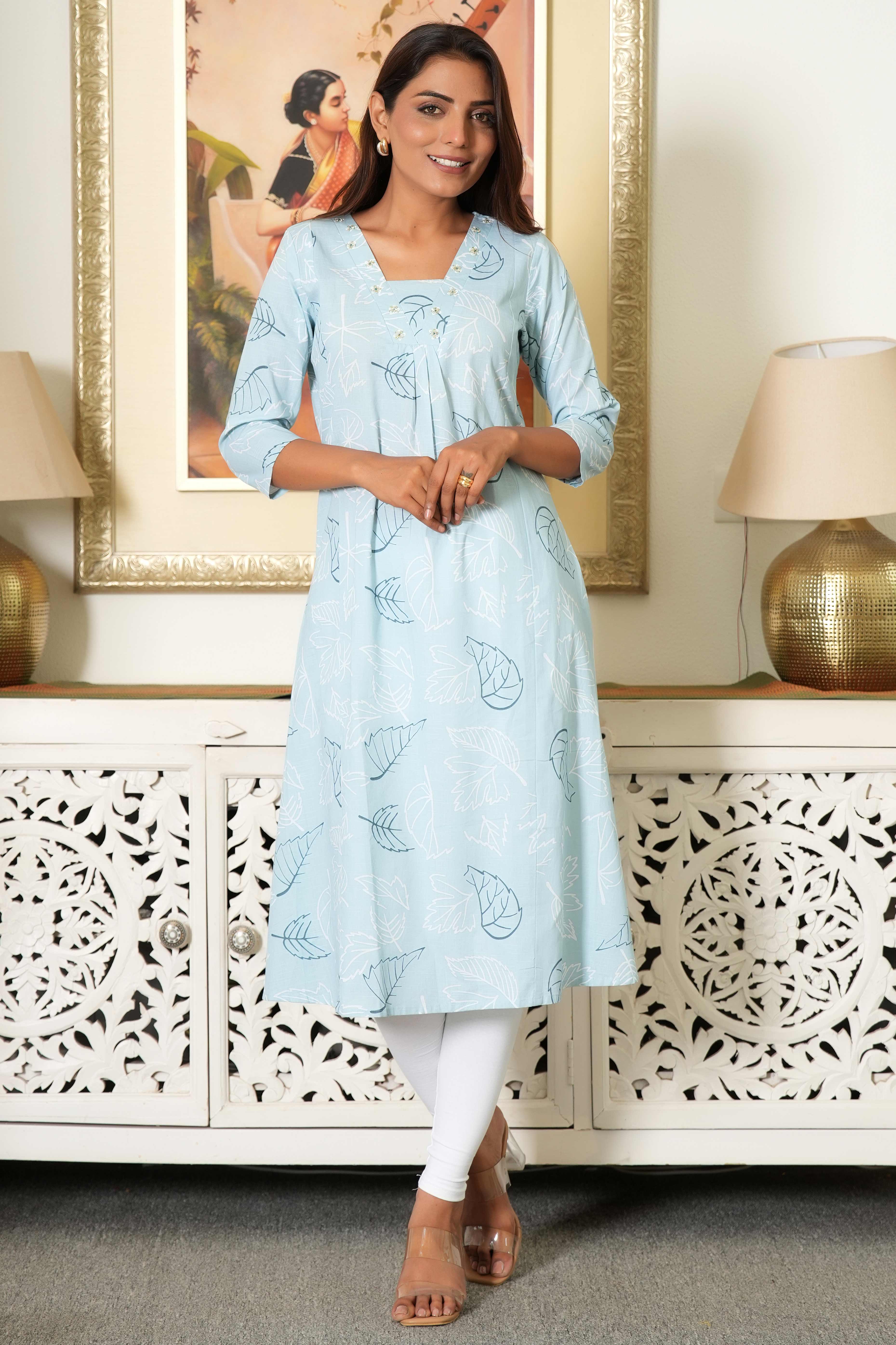 Leaf Printed Powder Blue A-Line Kurti in Pure Cotton Flex