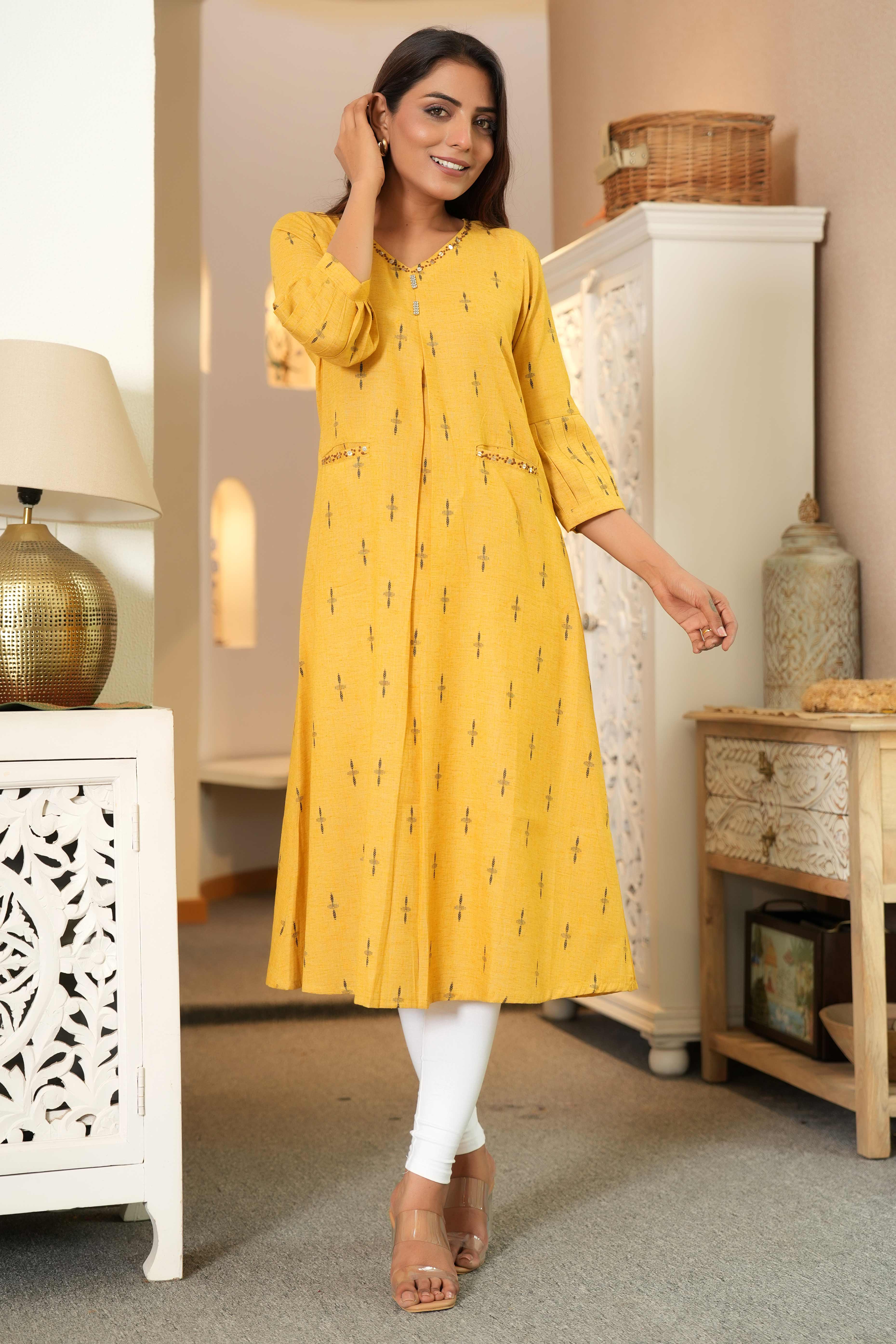 Yellow Pure Cotton A-Line Kurti with Elegant Weaving and Beads Work