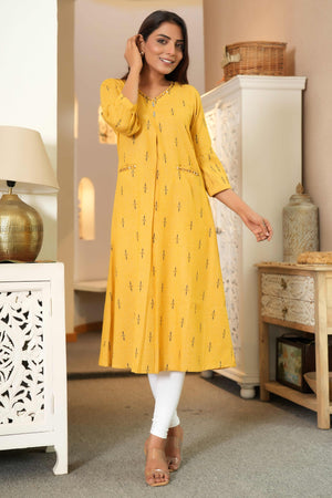 Yellow Pure Cotton A-Line Kurti with Elegant Weaving and Beads Work