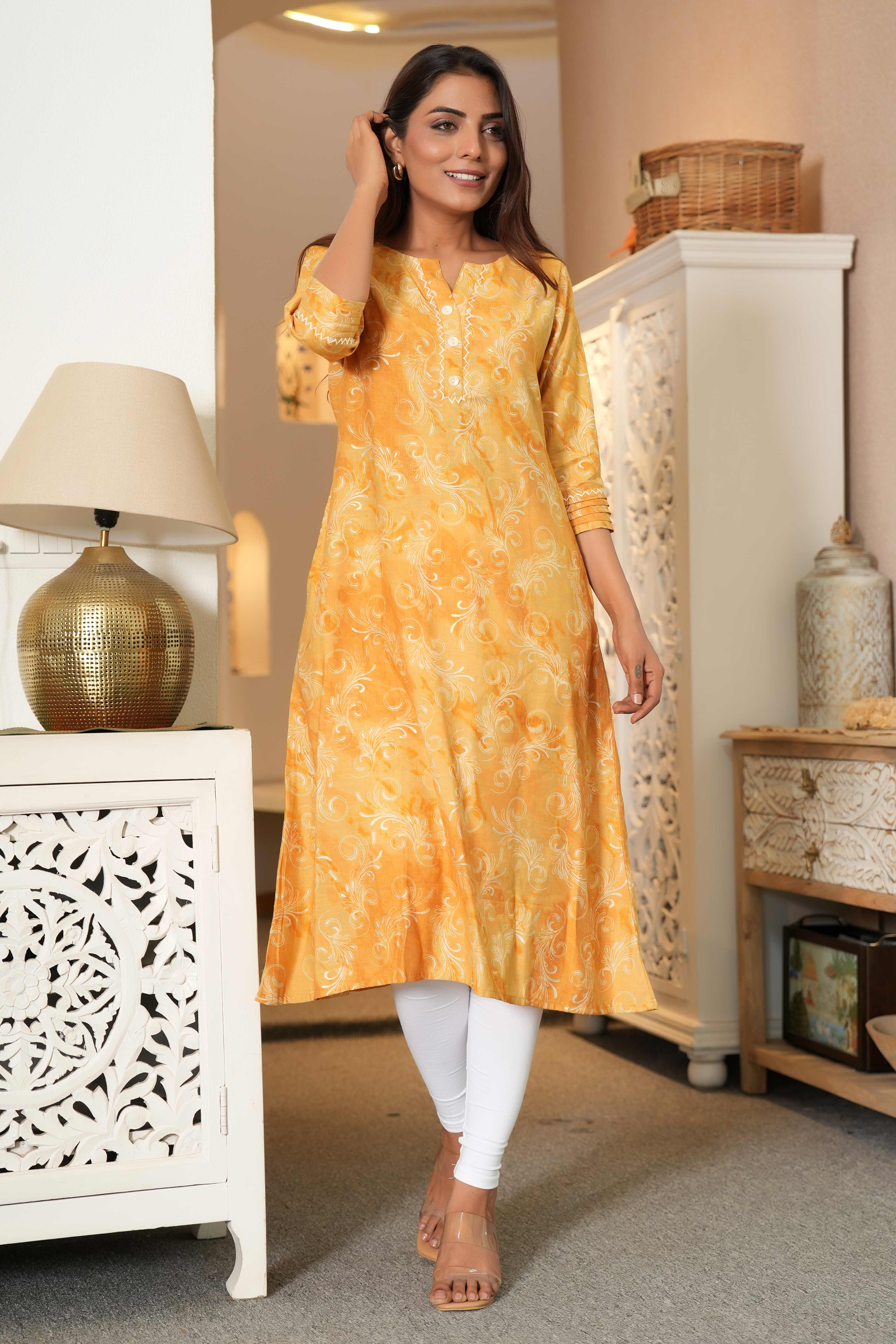 Floral Printed Mustard Capsule Rayon Kurti in Straight Fit