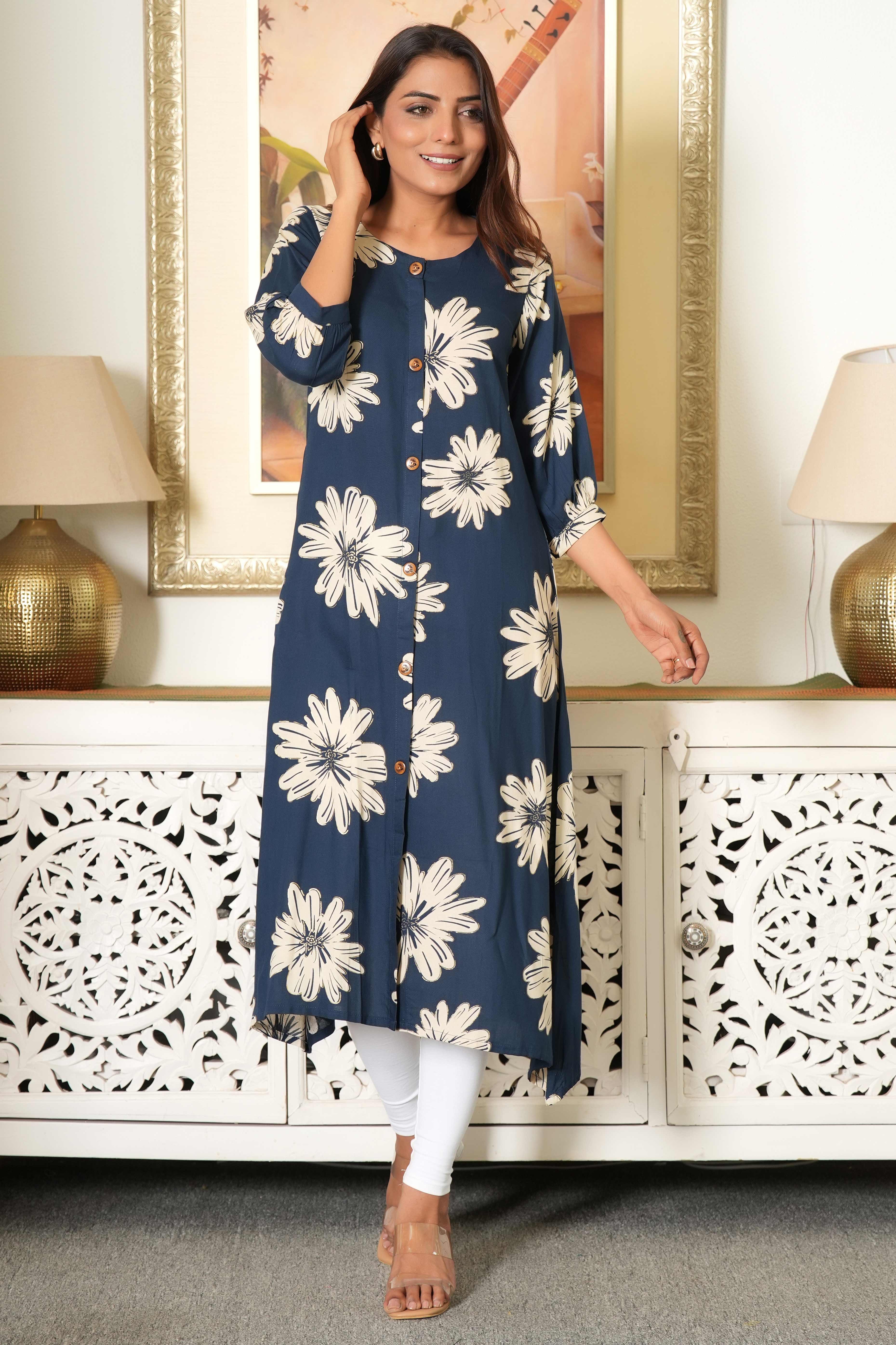 Navy Blue Printed Rayon Kurti in Flattering A-Line Fit