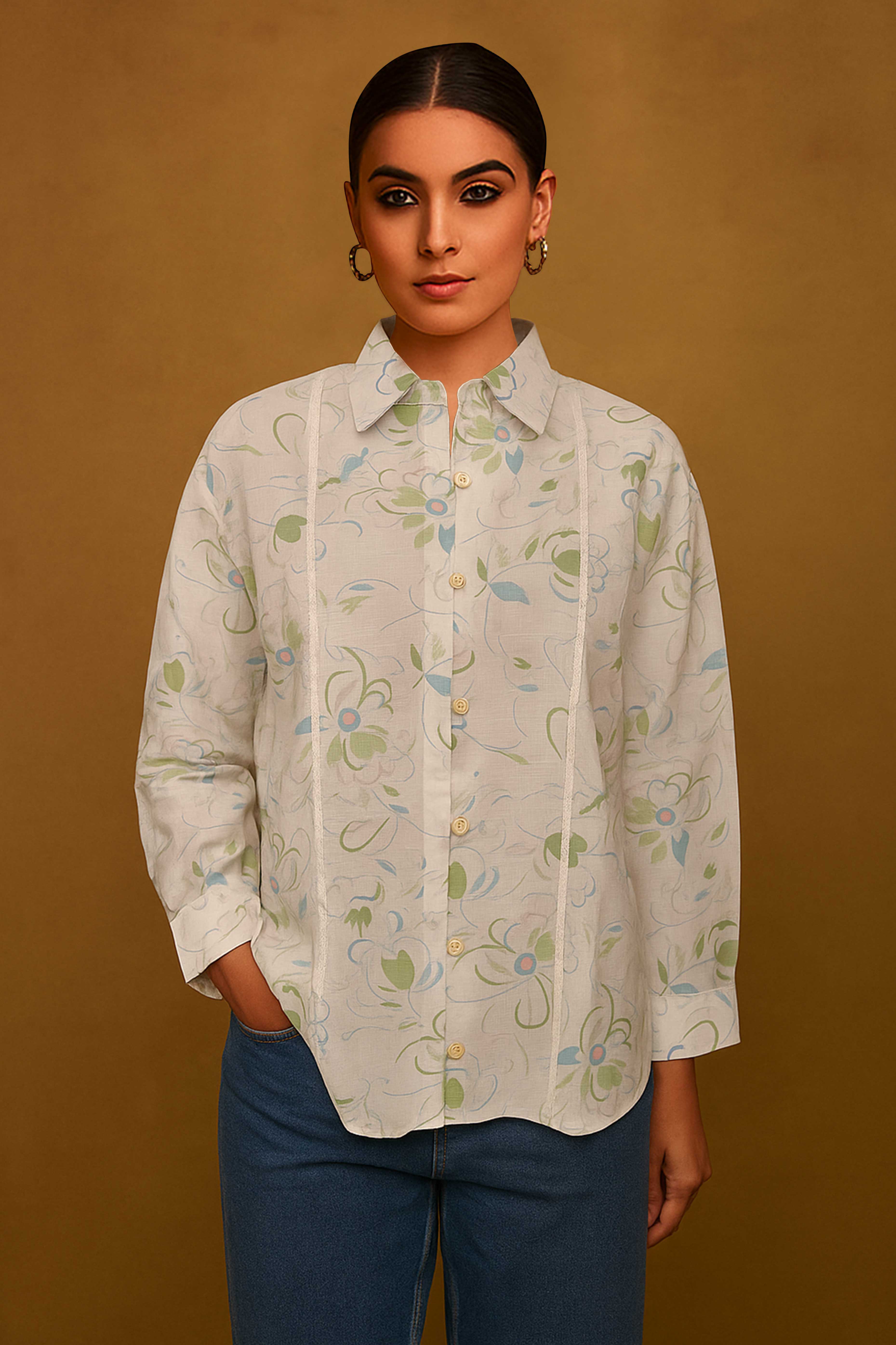 Pure Cotton Off White Shirt Top with Timeless Floral Print Detailing