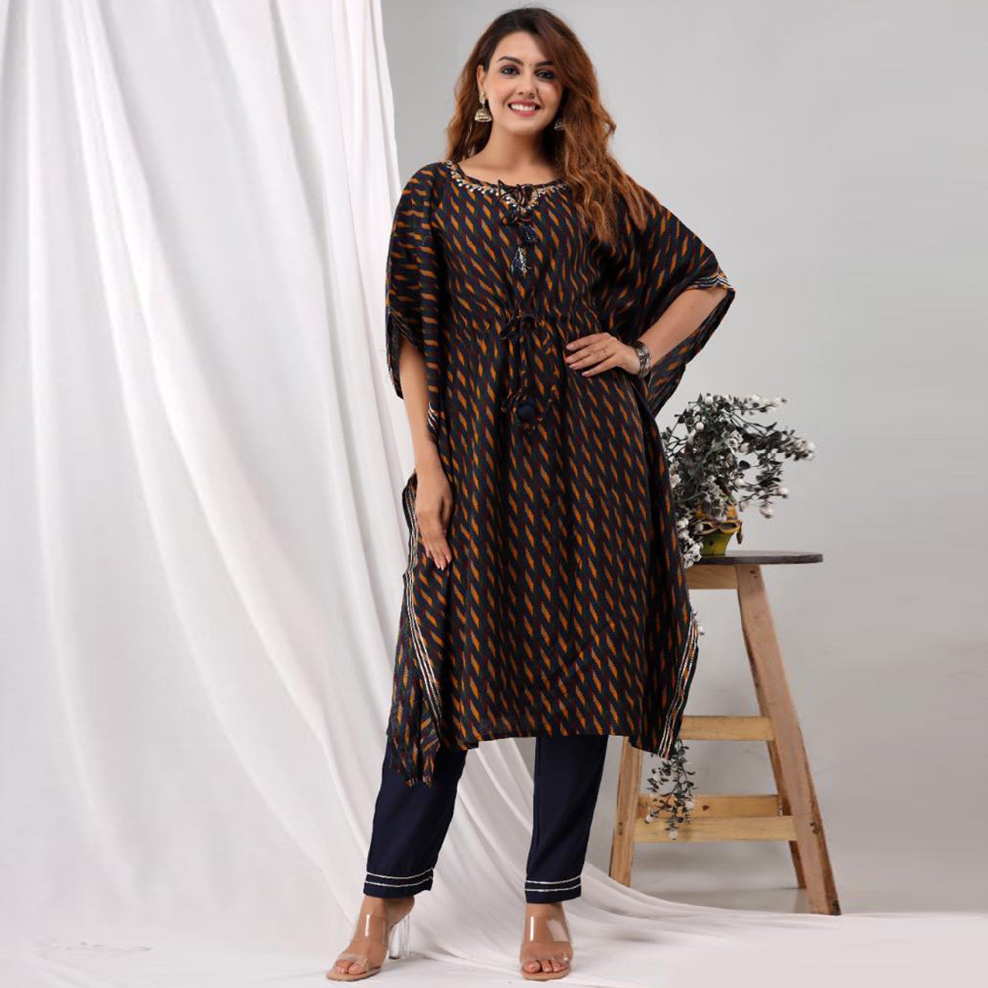 Navy Blue Printed Chanderi Kaftan Set