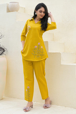 Chic Mustard Pure Cotton Co-Ord Set with Collar Neck and Delicate Floral Embroidery