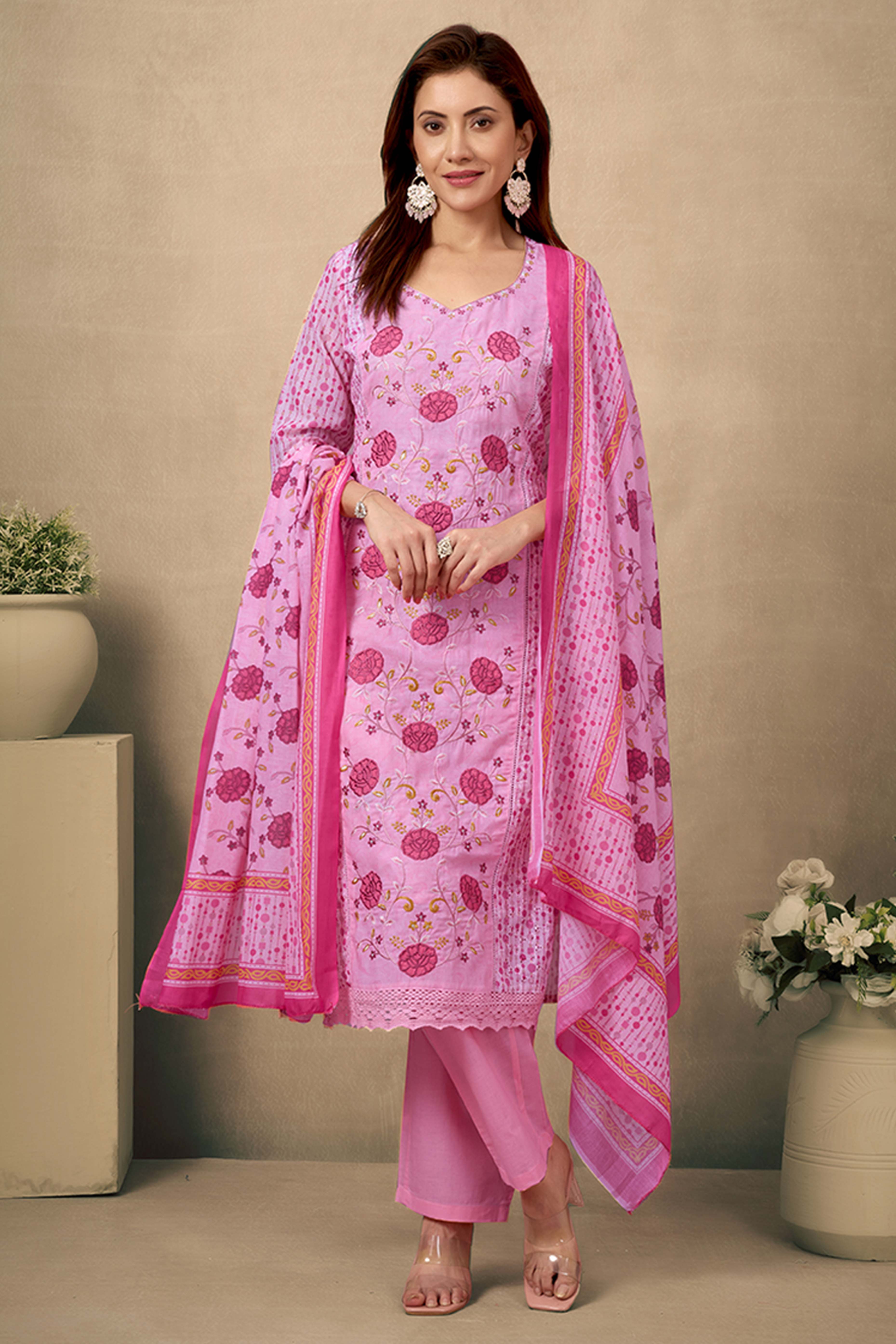 Pink Cotton Blend Straight Suit Featuring Feminine Floral Designs