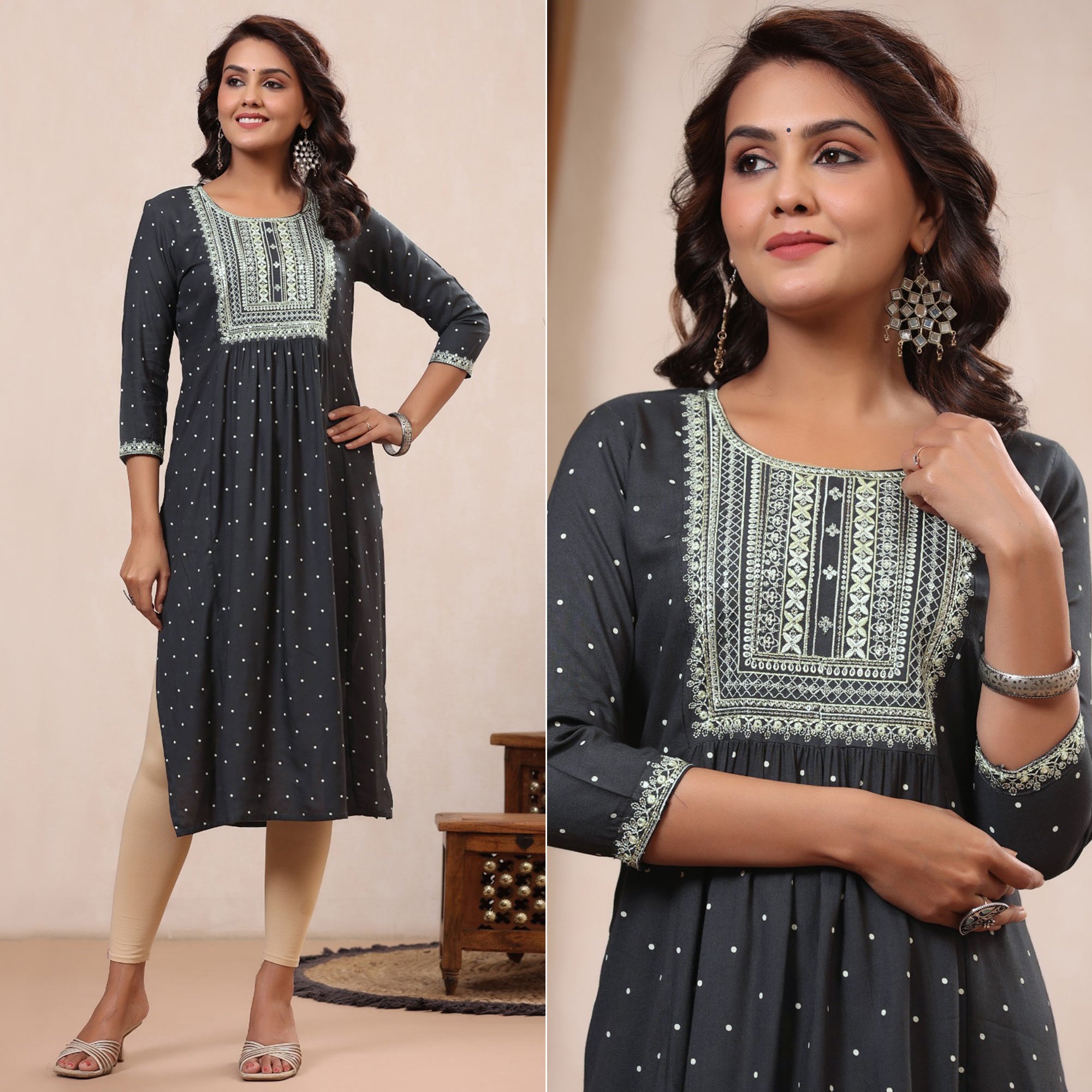 Grey Floral Embroidered Rayon Kurti