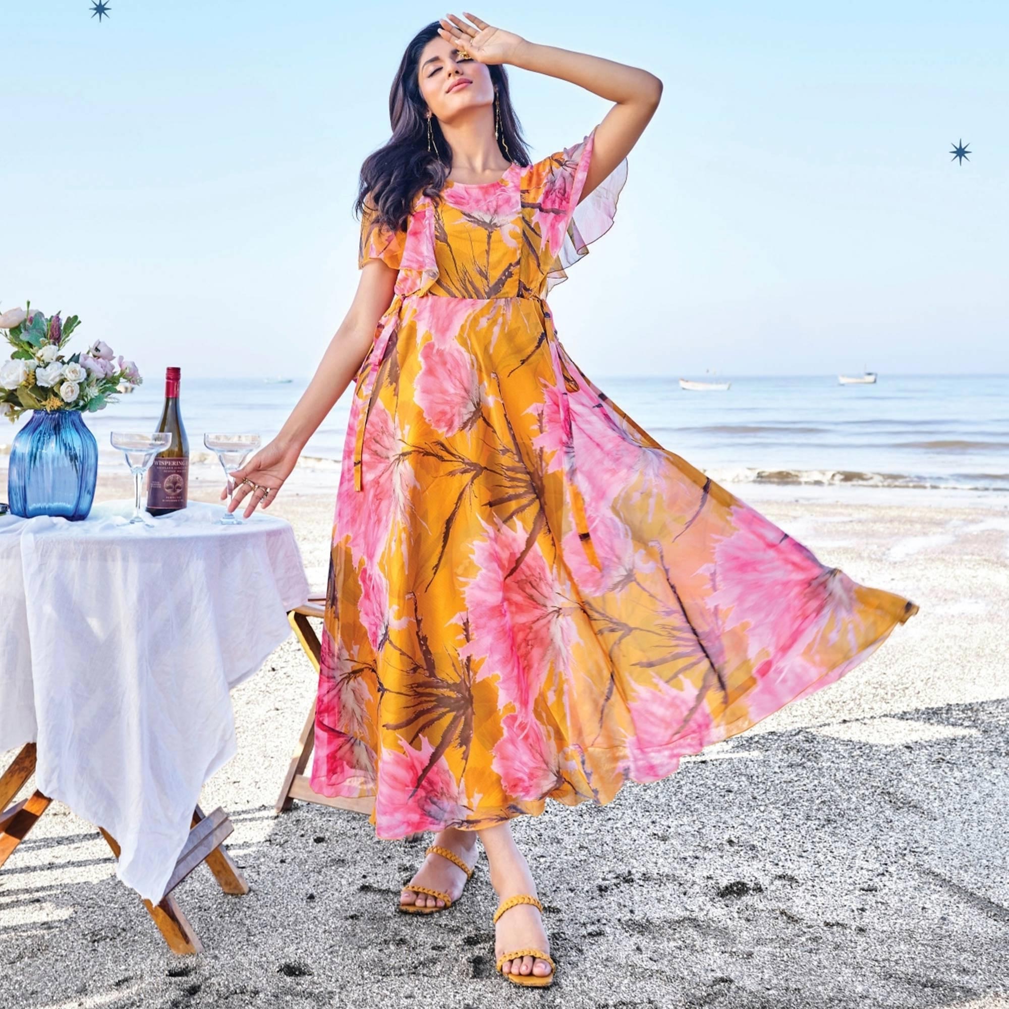 Mustard Digital Floral Printed Chiffon Maxi Dress