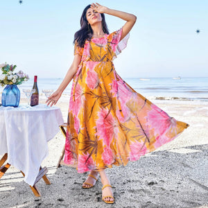 Mustard Digital Floral Printed Chiffon Maxi Dress
