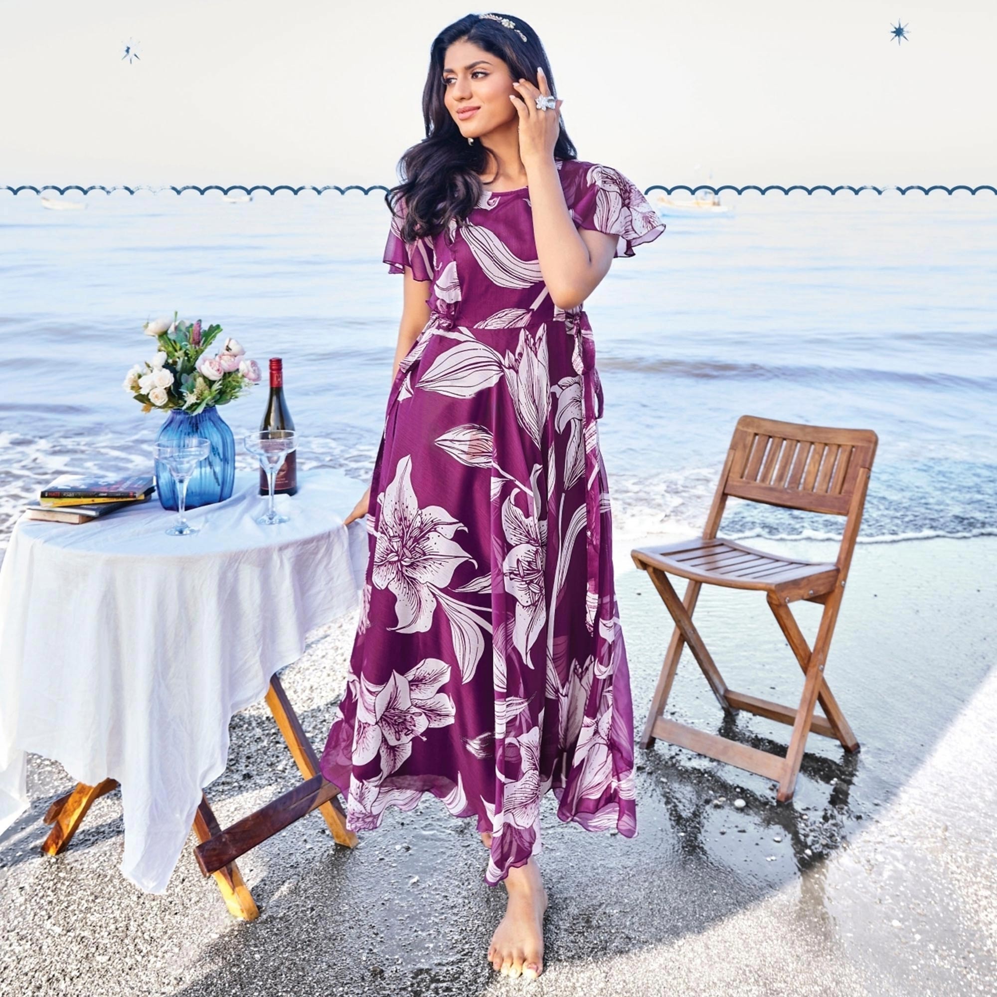 Purple Digital Floral Printed Chiffon Maxi Dress