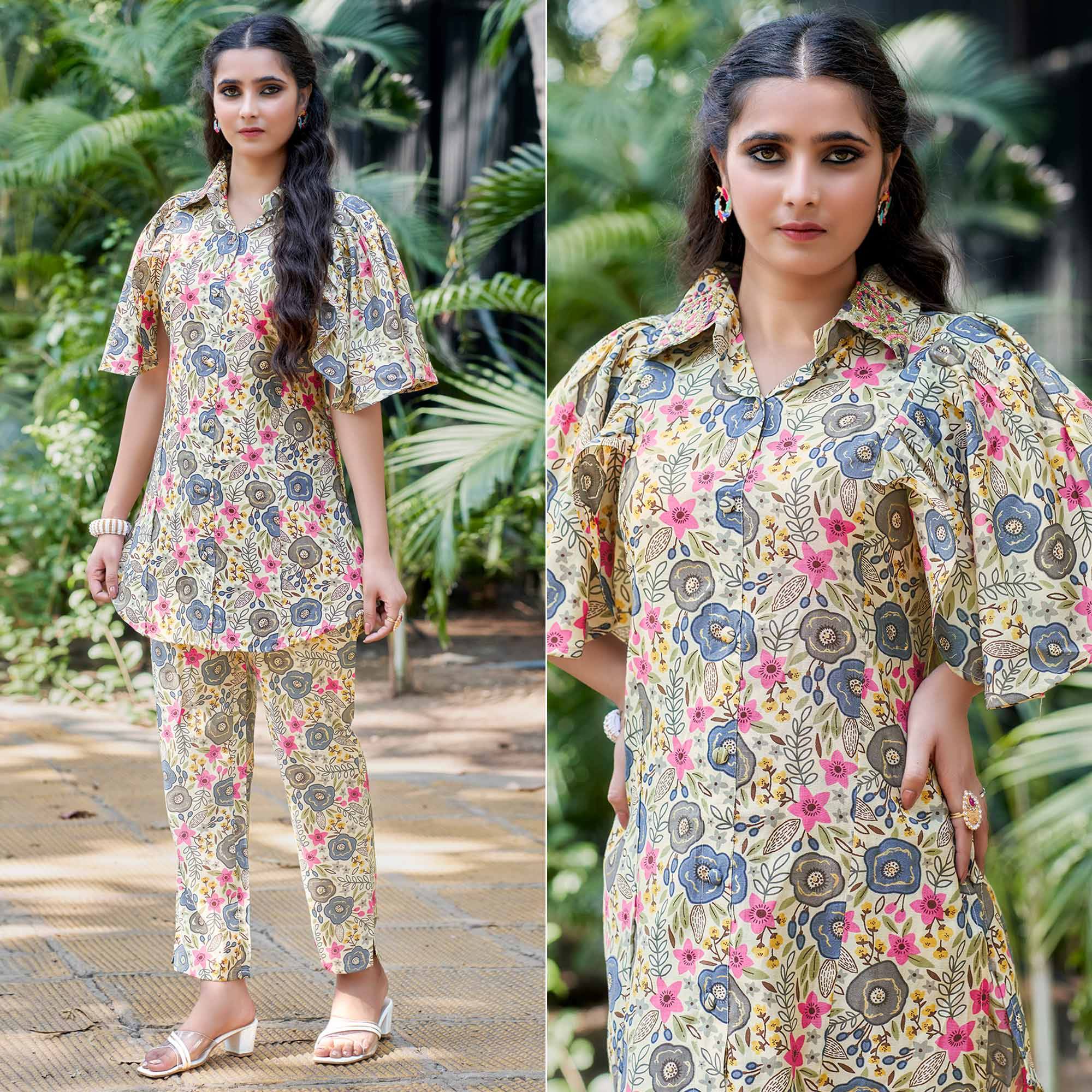 Off White & Grey Floral Foil Printed Chanderi Silk Co Ord Set