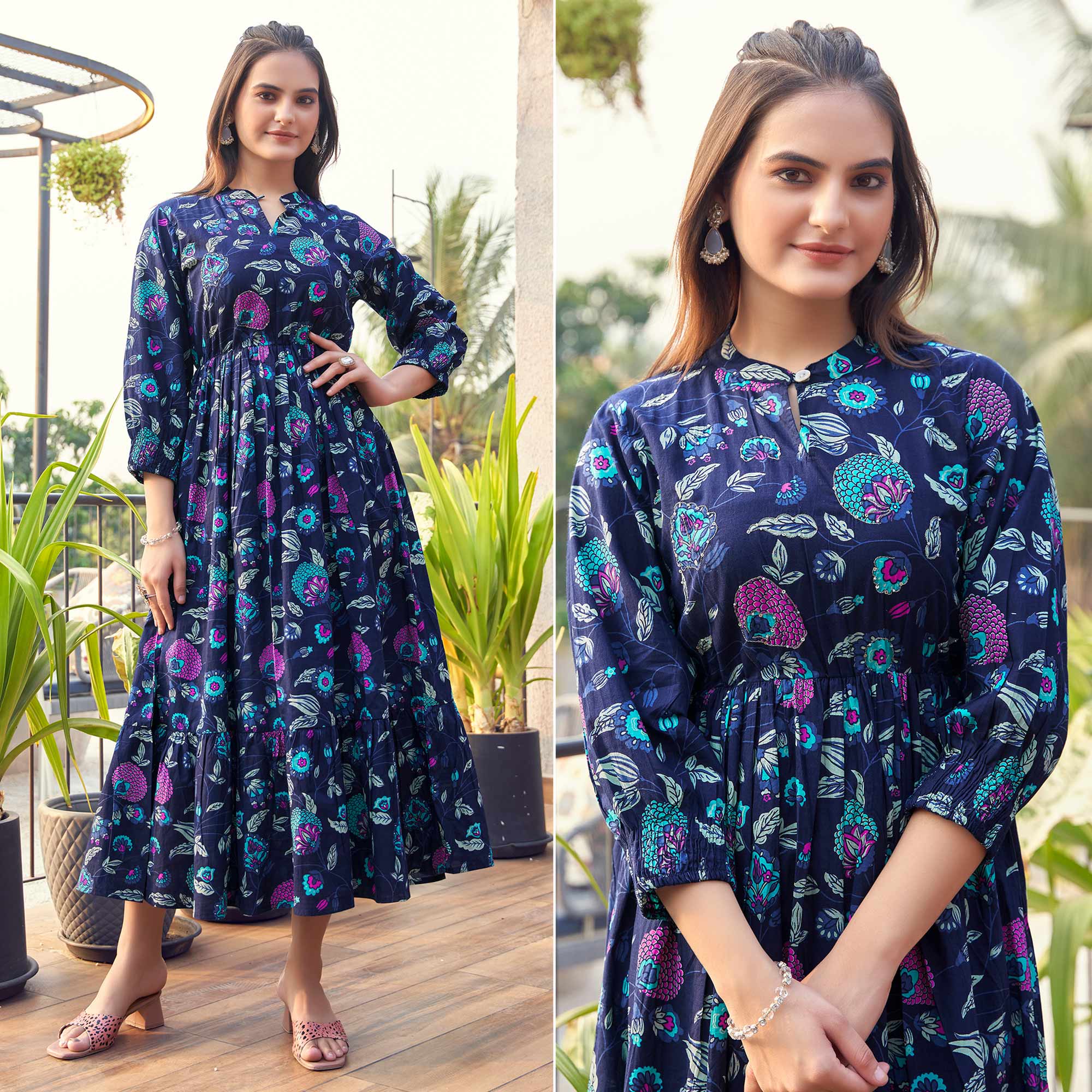 Navy Blue Floral Printed Pure Cotton Dress