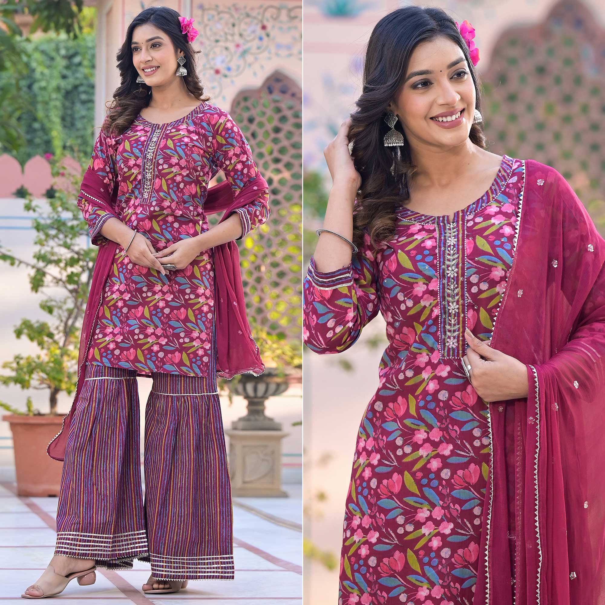 Wine Floral Printed Pure Cotton Sharara Suit