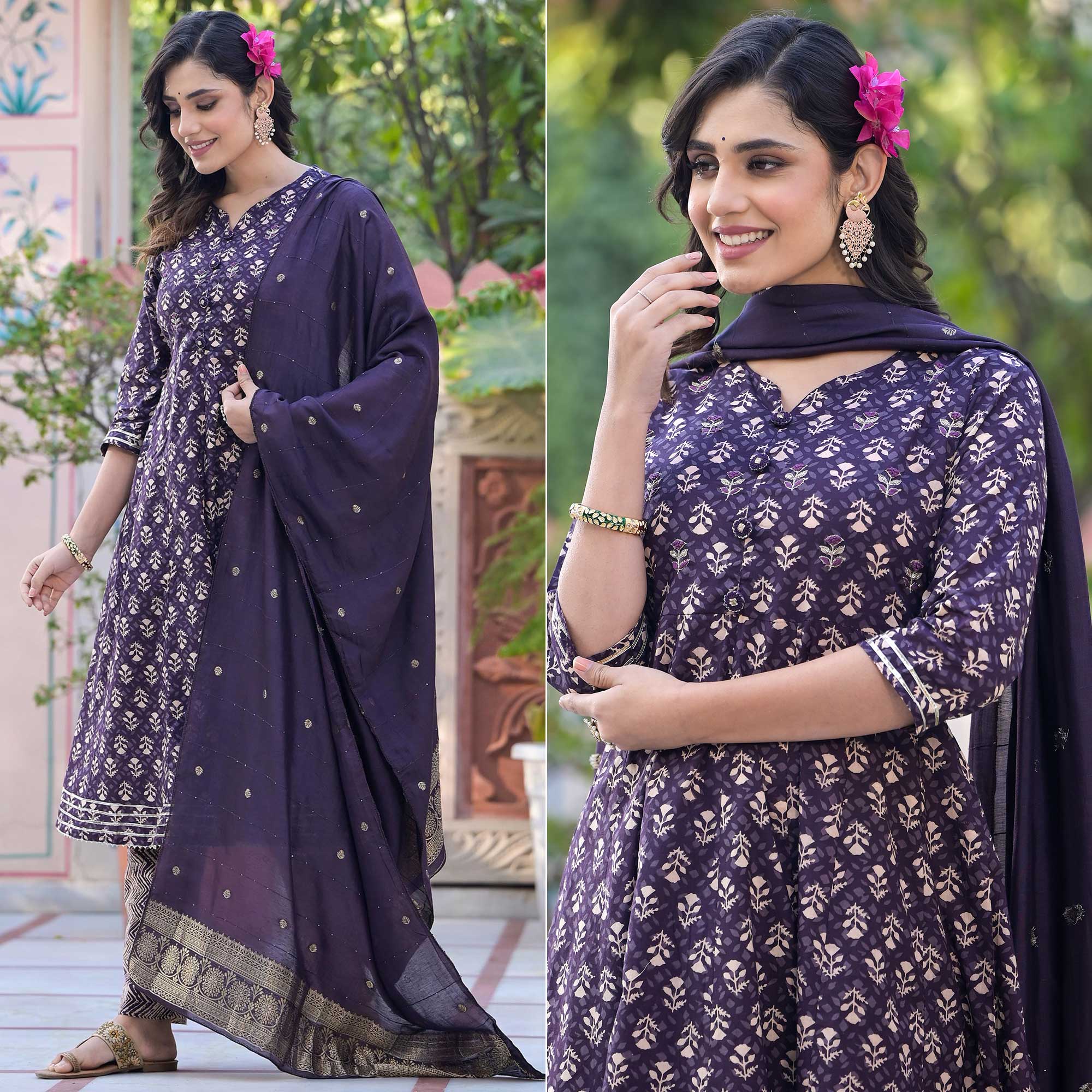 Purple Floral Printed Pure Cotton Anarkali Salwar Suit