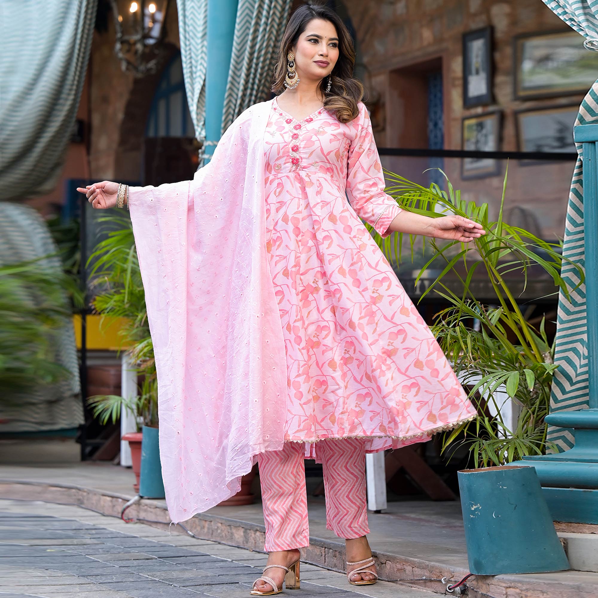 Peach Printed Pure Cotton A-Line Salwar Suit