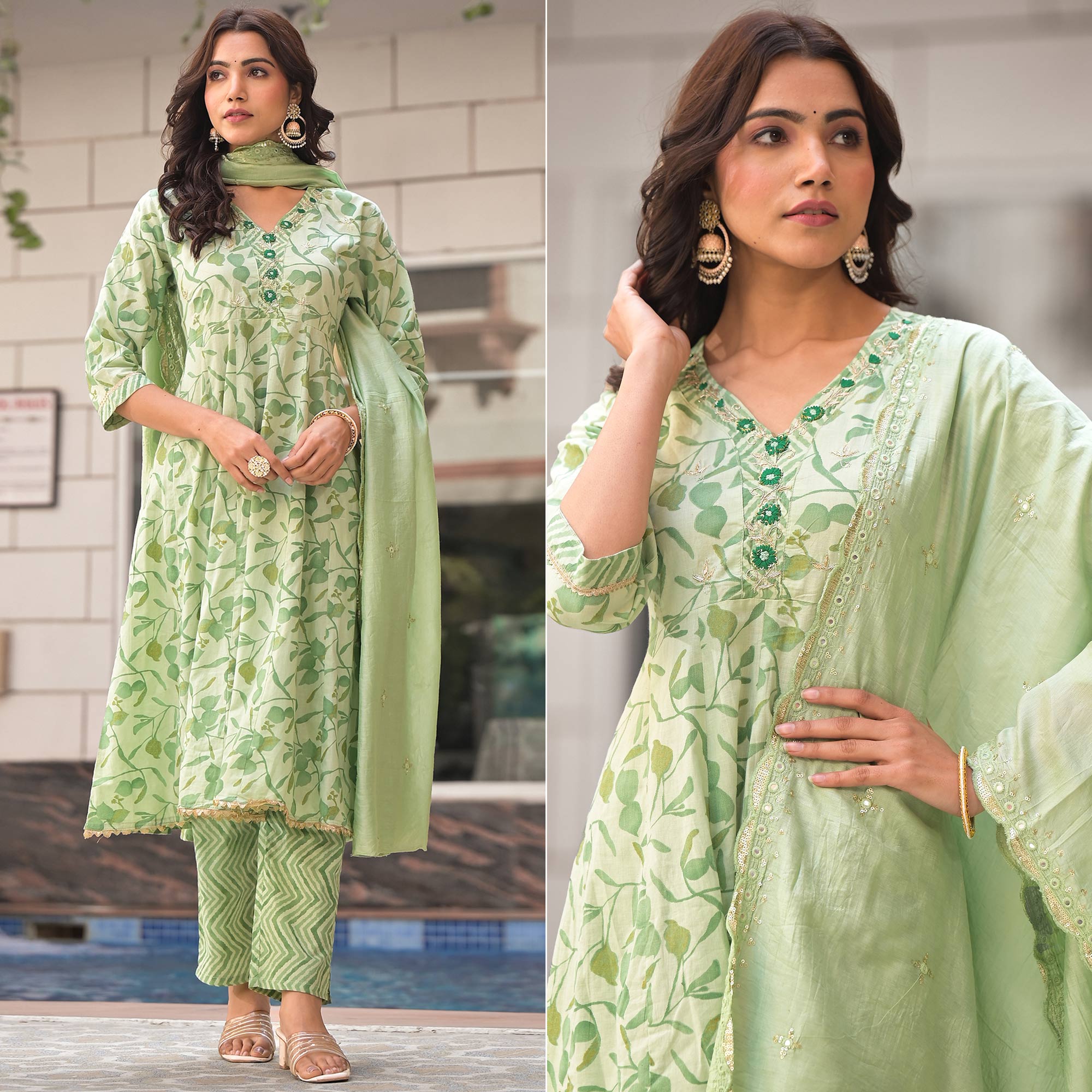 Pista Green Printed Pure Cotton A-Line Salwar Suit