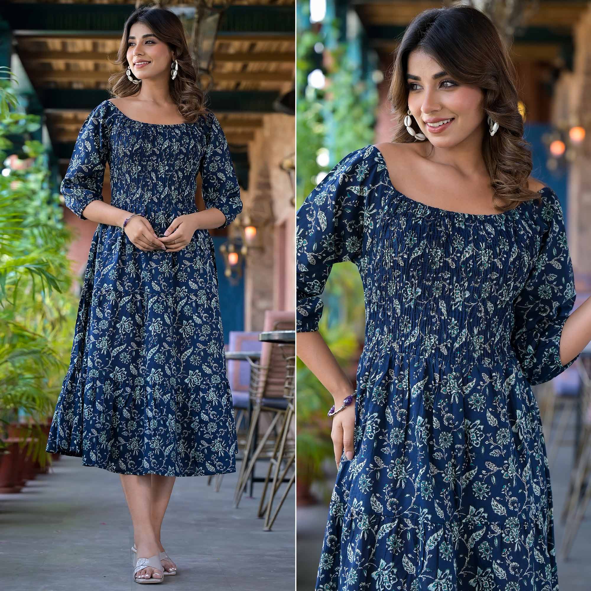 Navy Blue Floral Printed Pure Cotton Maxi Dress