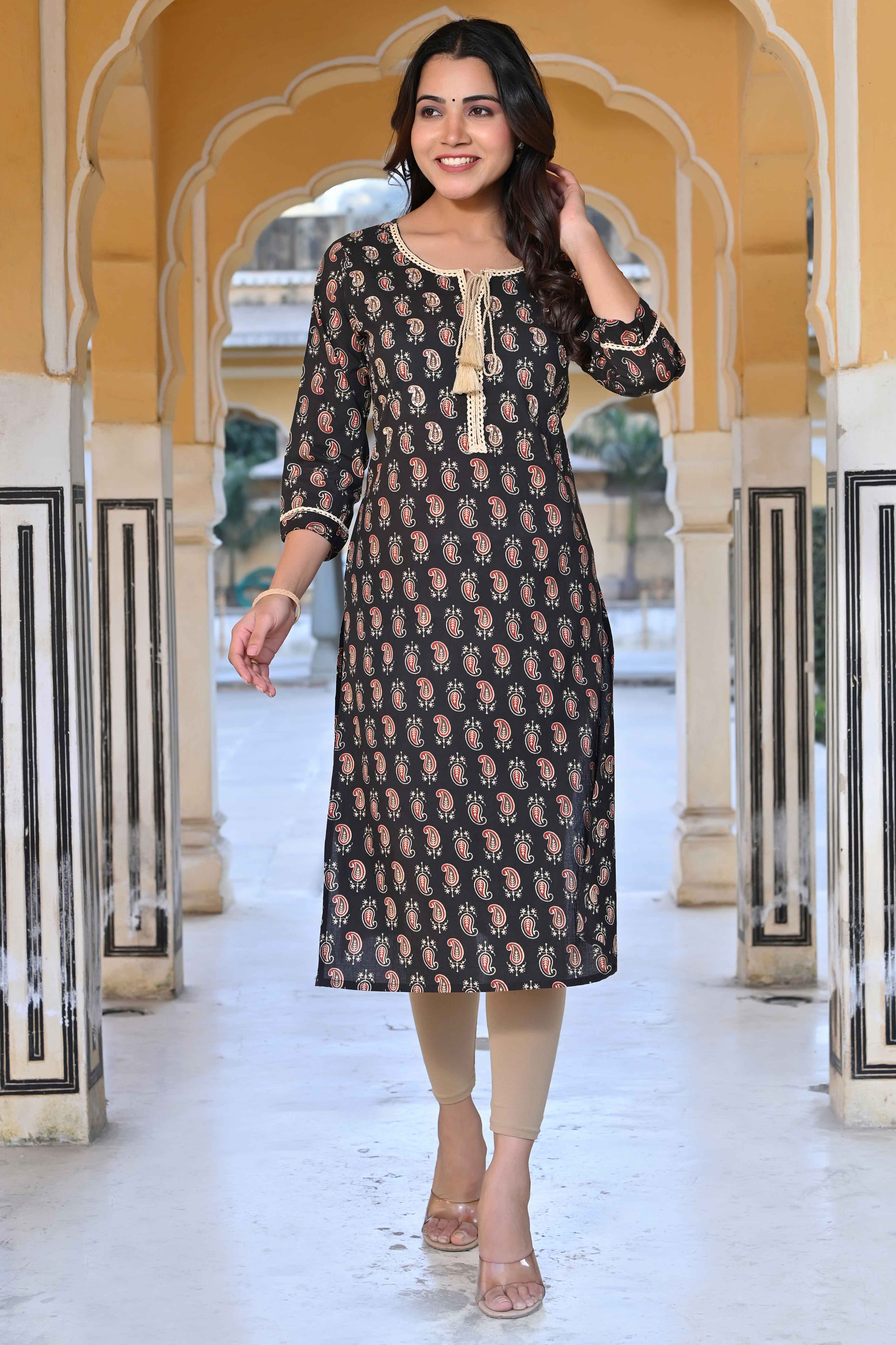 Black Paisley Printed Pure Cotton Straight Kurti