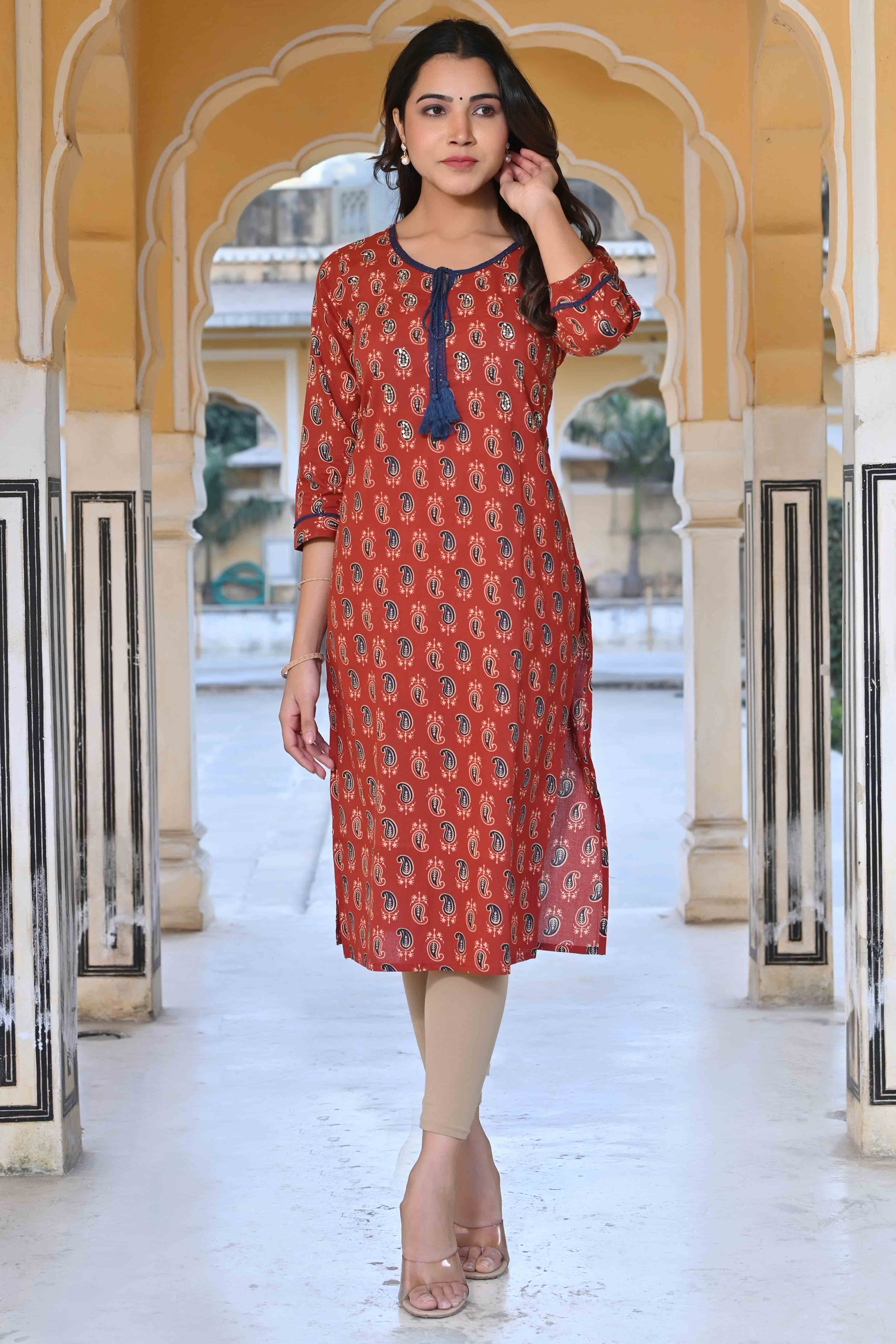 Turkey Red Paisley Printed Pure Cotton Straight Kurti