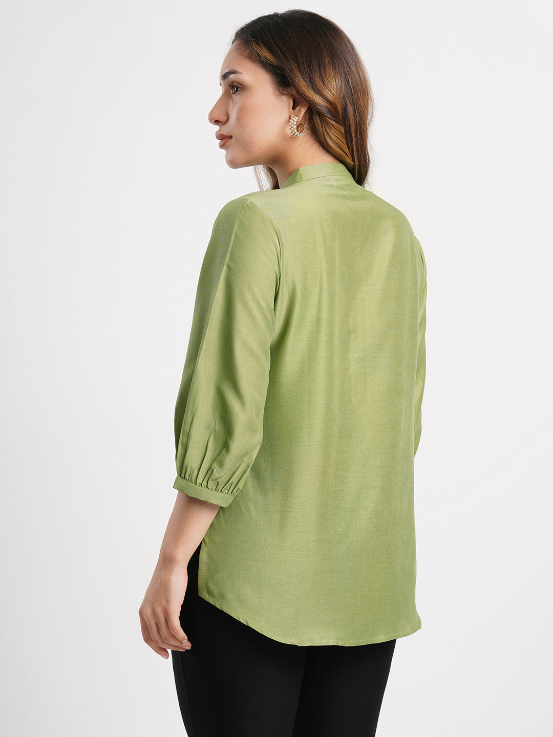 Green Solid Poly Chinon Straight Top