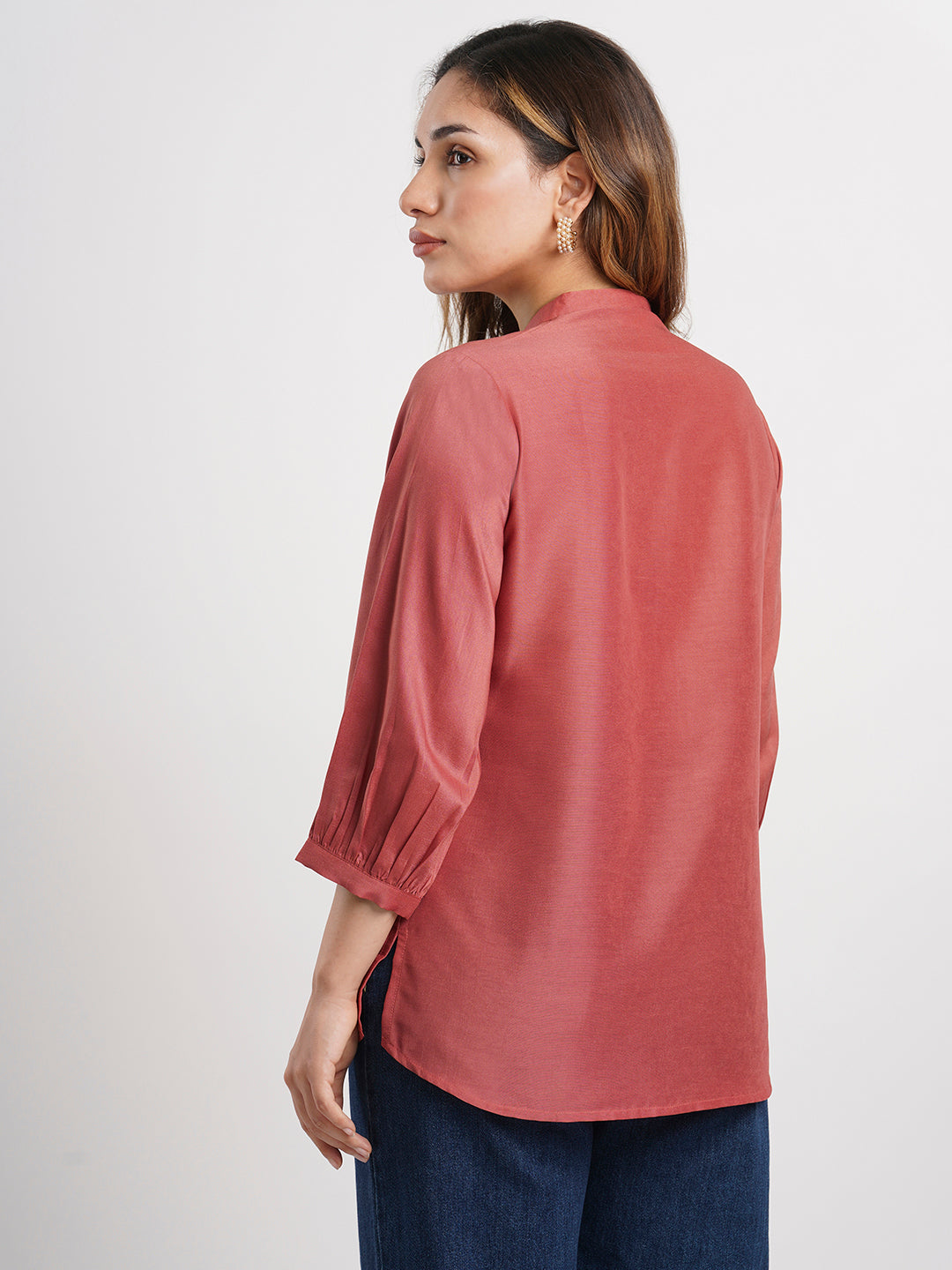 Red Solid Poly Chinon Straight Top