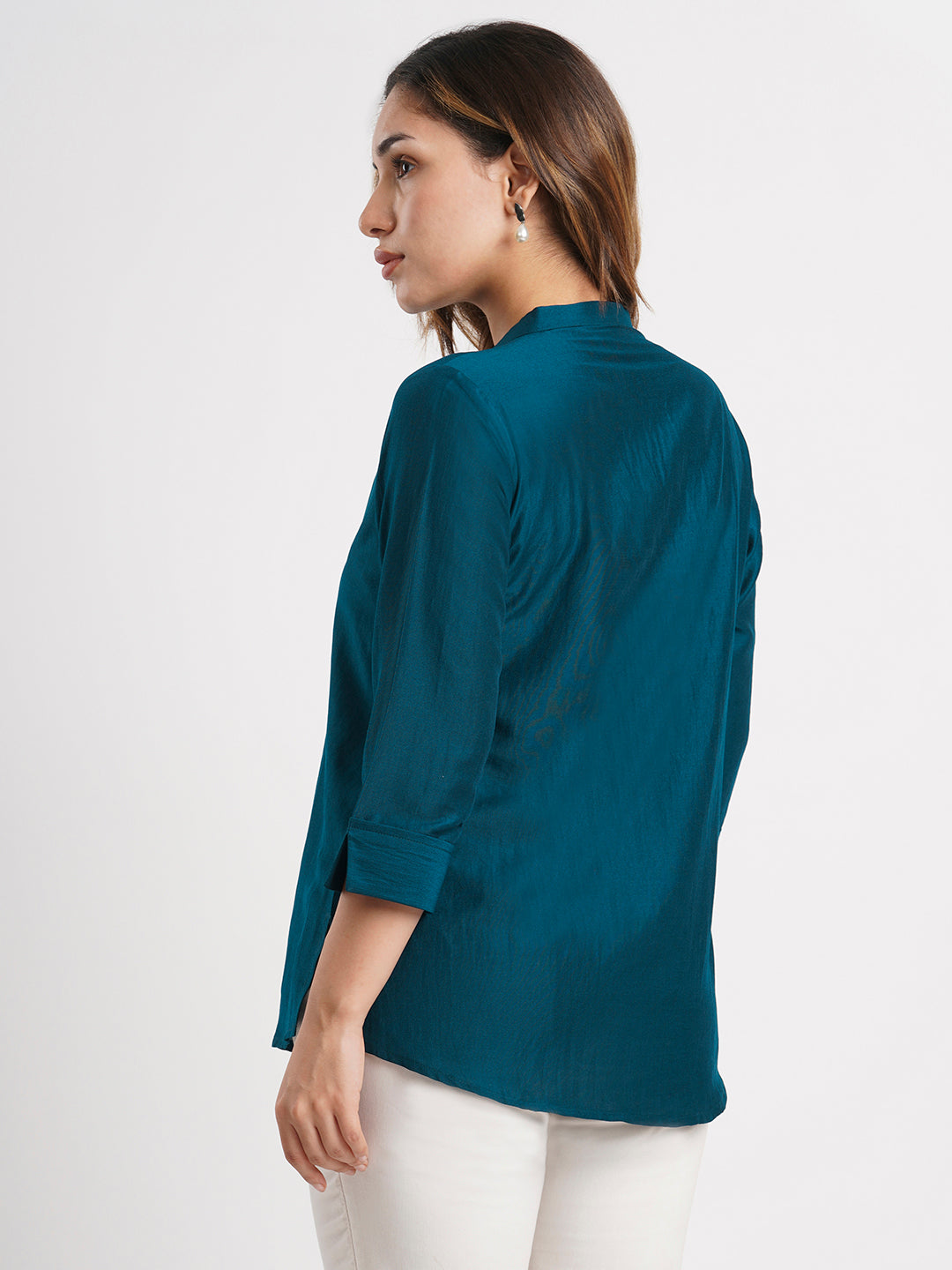 Teal Solid Poly Chinon Straight Top