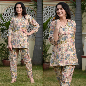 Cream Floral Printed Muslin Co Ord Set