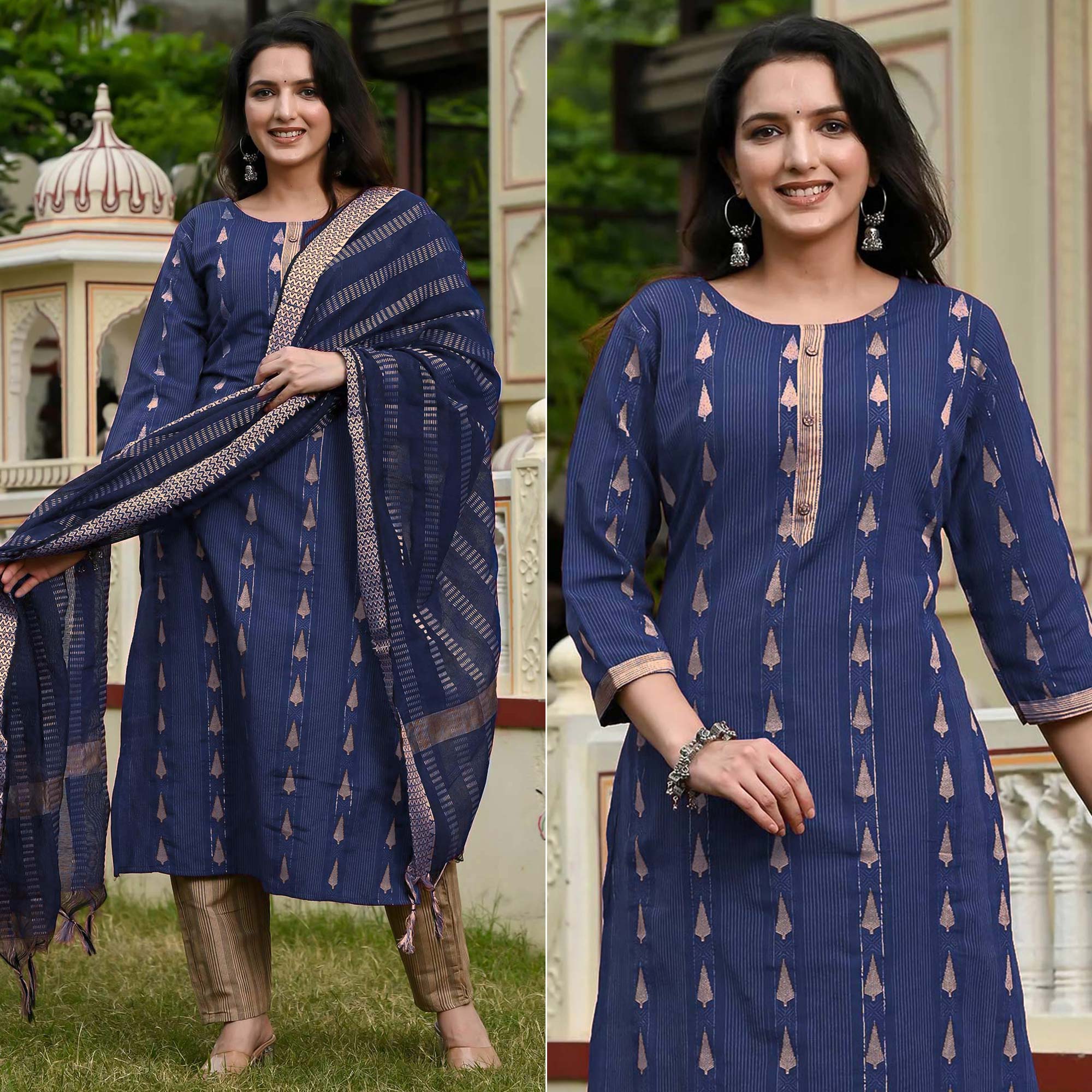 Navy Blue Woven Cotton Blend Salwar Suit