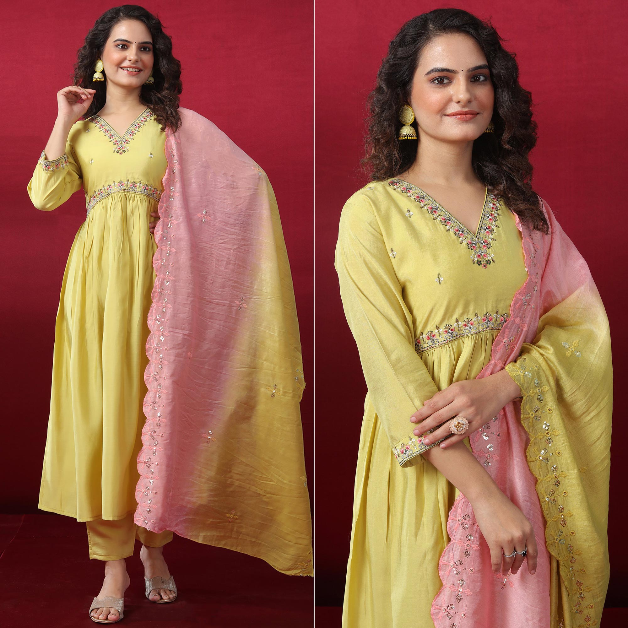 Lemon Green Floral Embroidered Pure Silk Anarkali Suit