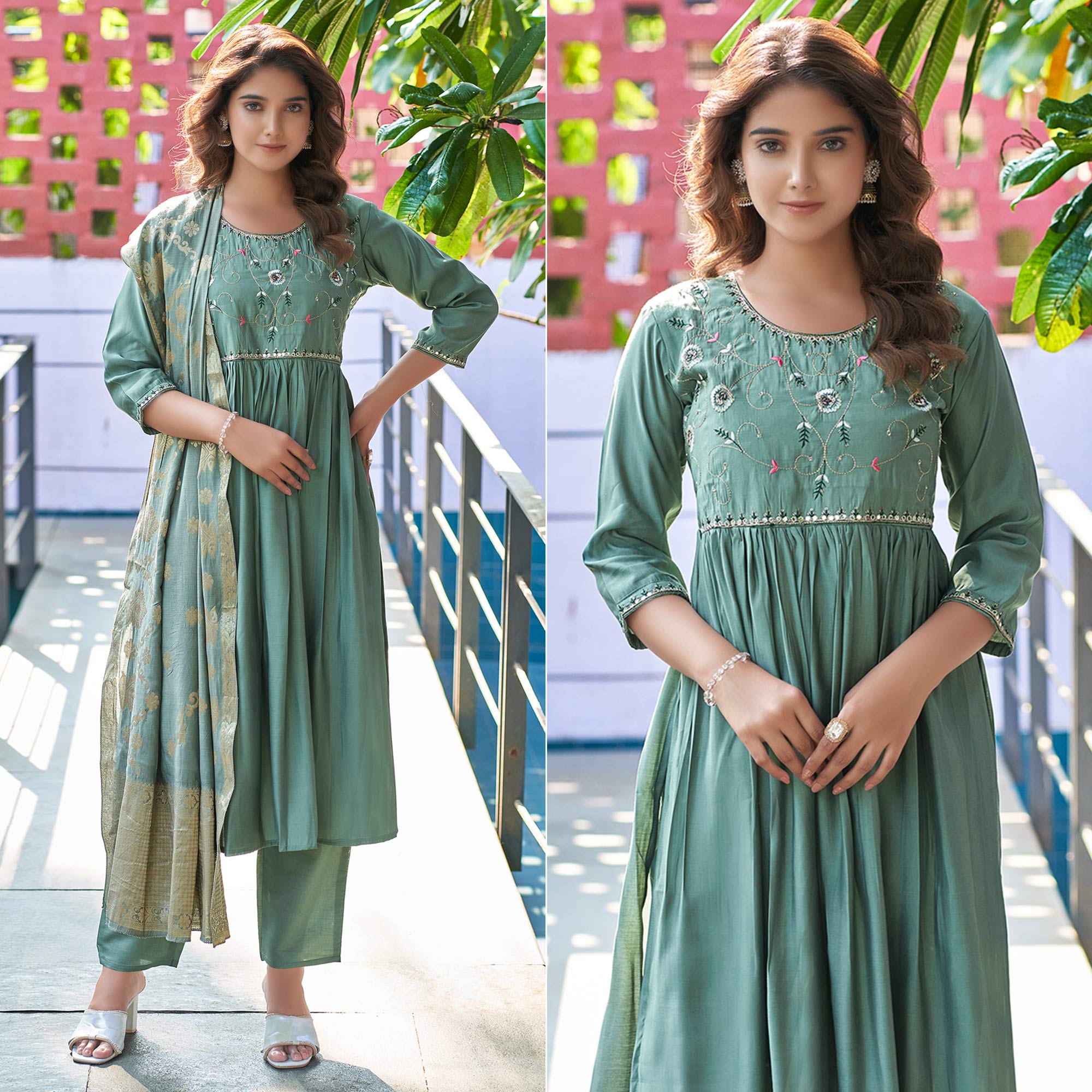 Green Floral Embroidered Pure Silk Suit