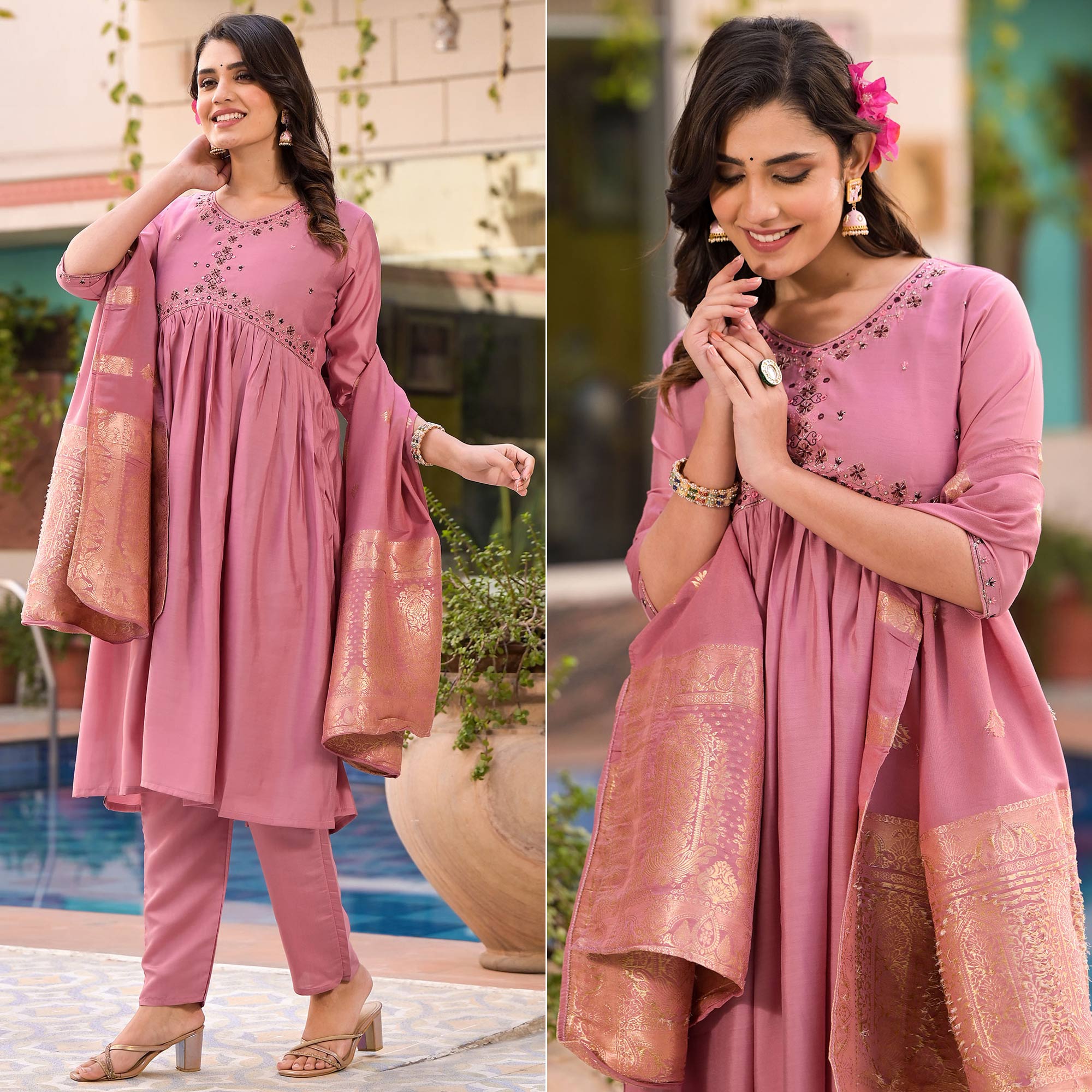 Pink Embroidered Viscose Salwar Suit