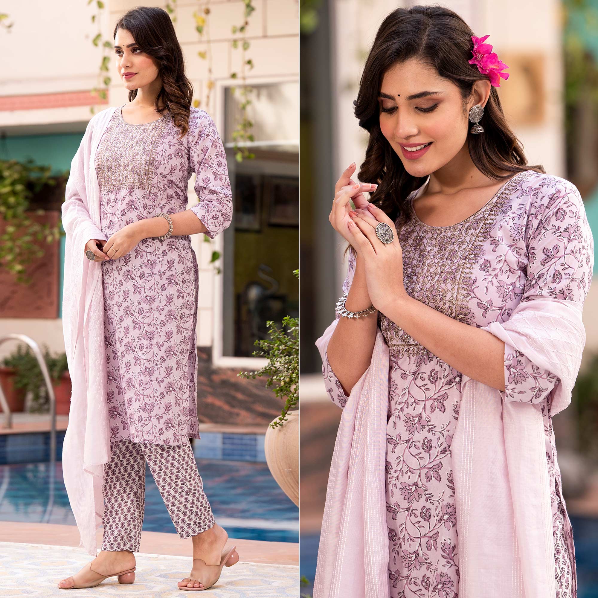 Purple Floral Printed Pure Cotton Salwar Suit