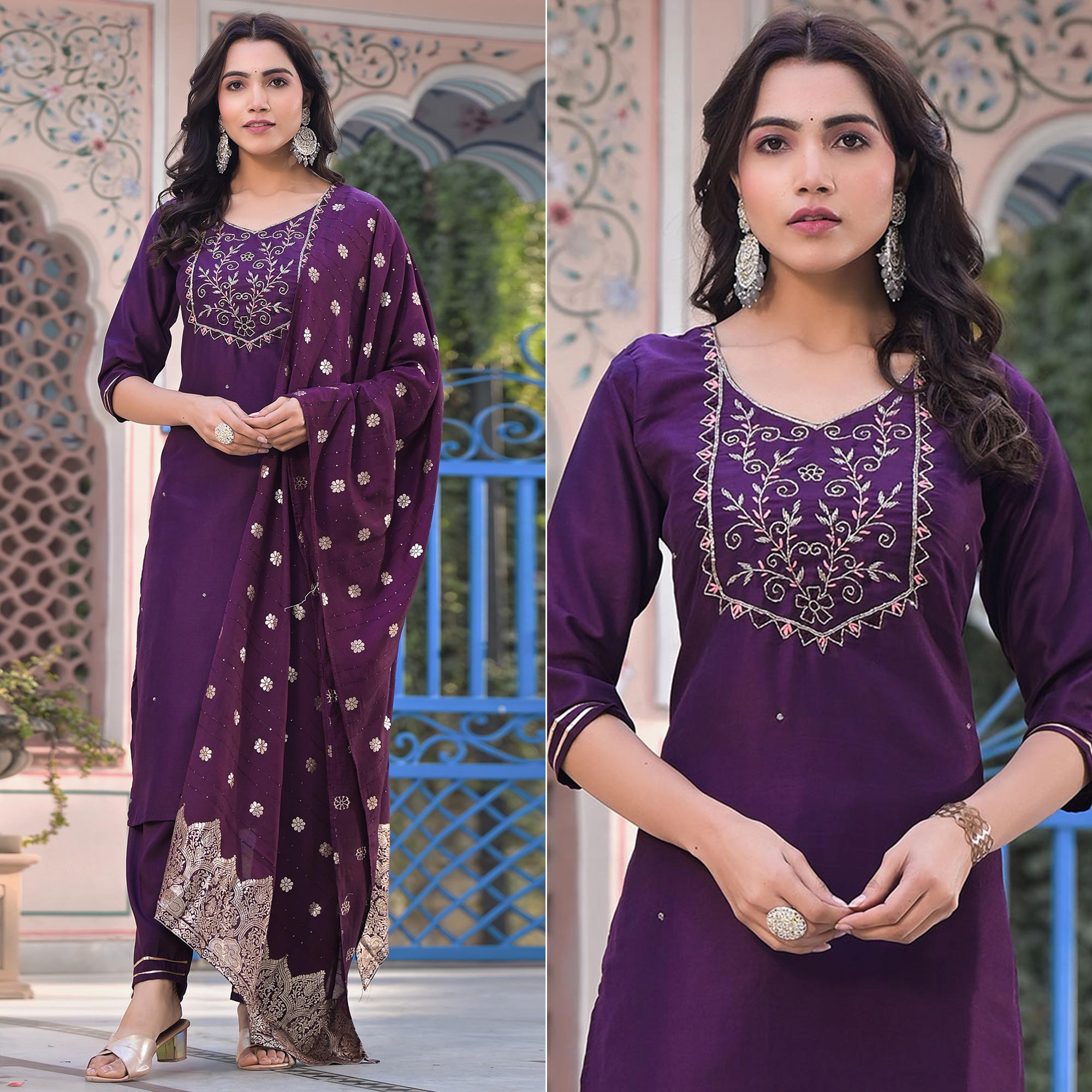 Wine Embroidered Chinon Salwar Suit With Handcrafted