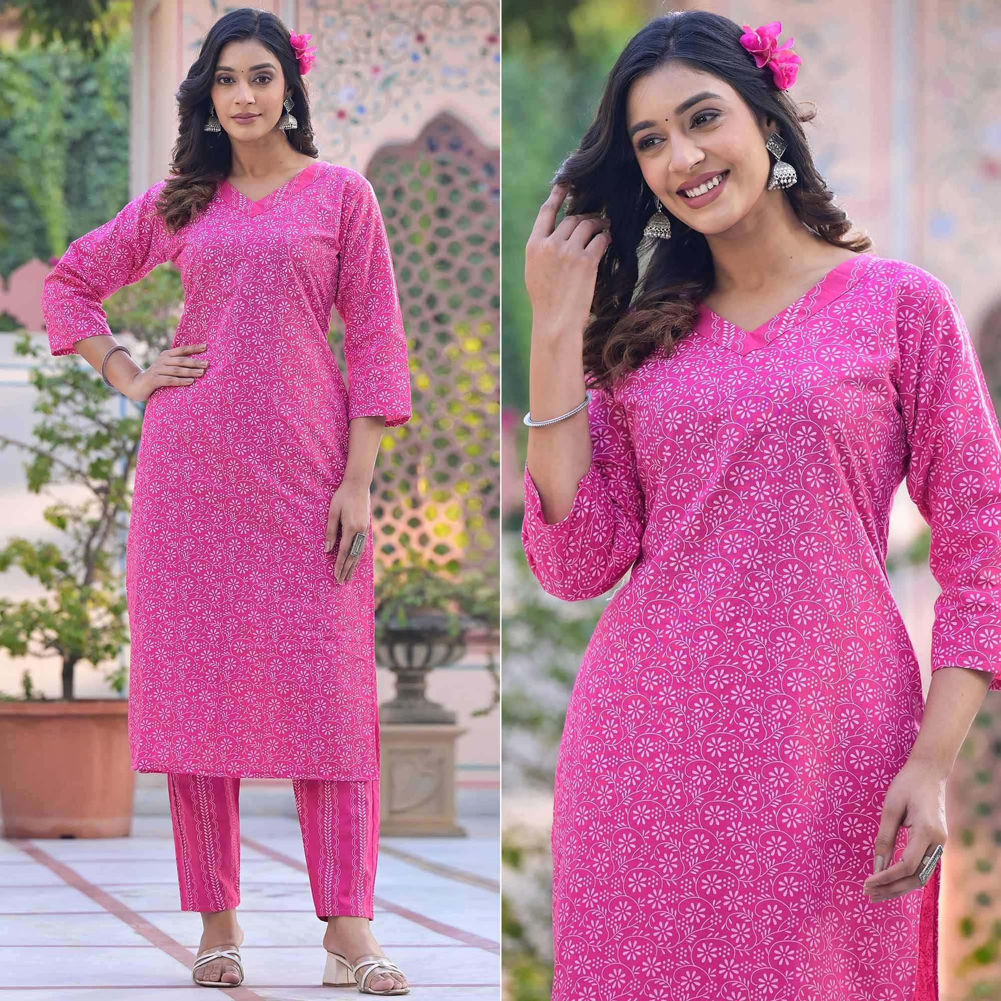 Pink Printed Pure Cotton Straight Kurti Sets