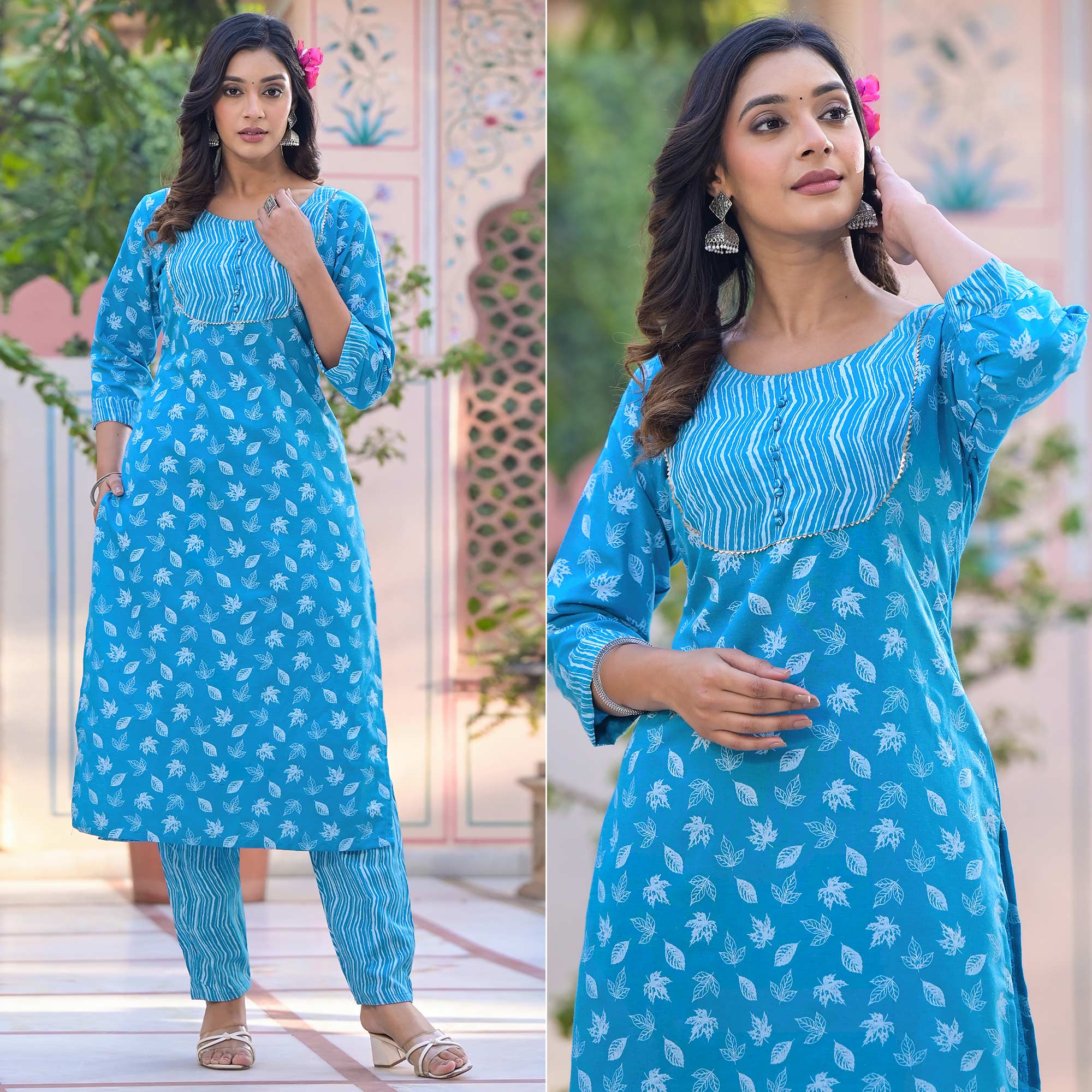 Blue Printed Pure Cotton Straight Kurti Sets