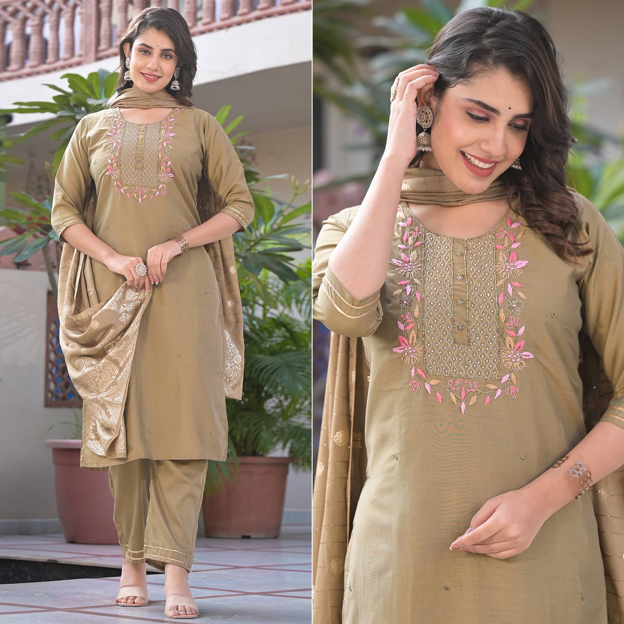 Chikoo Embroidered Chinon Salwar Suit With Handwork