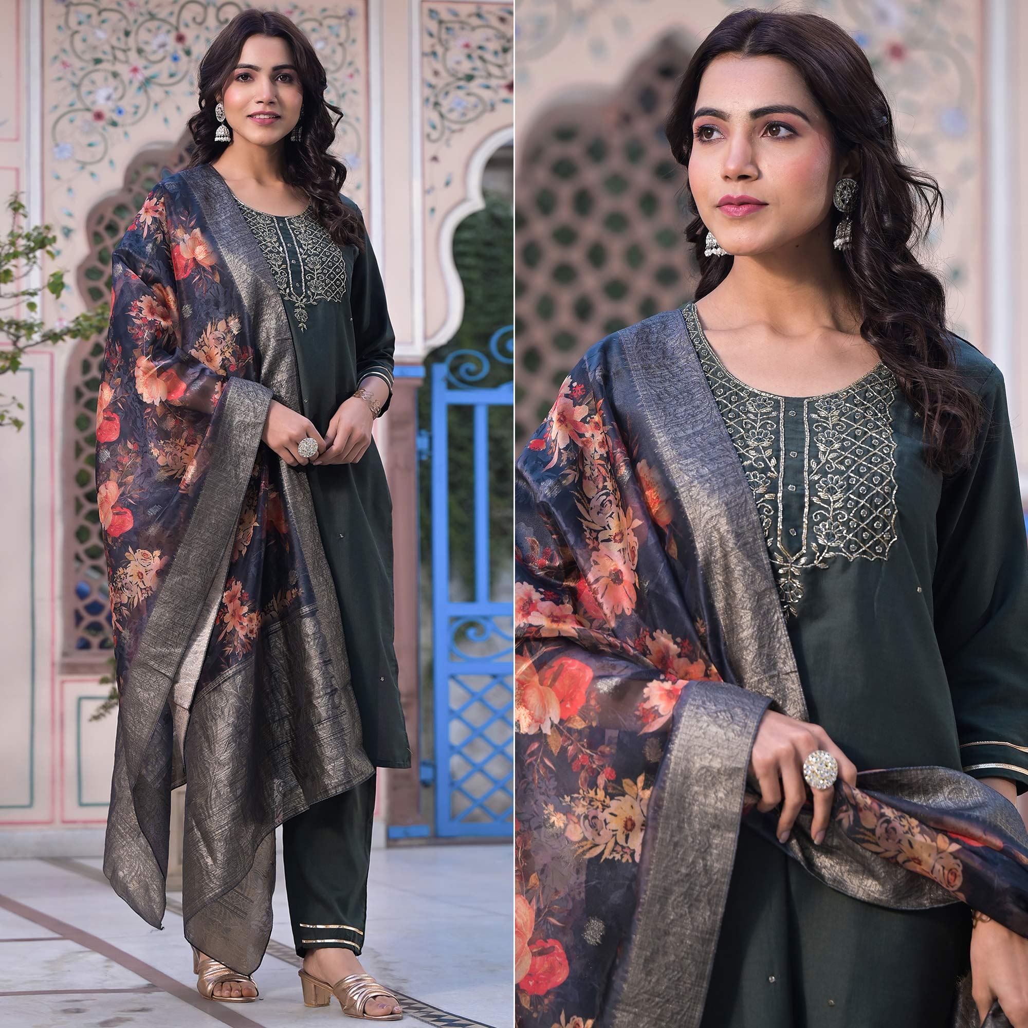 Grey Embroidered Dola Silk Straight Cut Salwar Suit