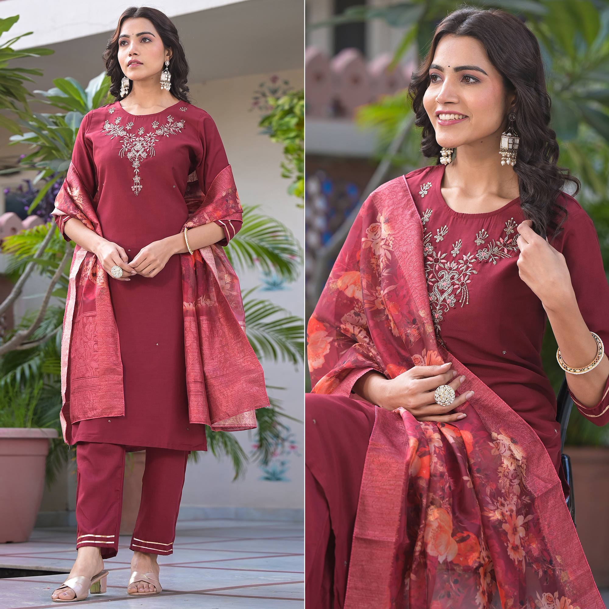 Maroon Embroidered Dola Silk Straight Cut Salwar Suit