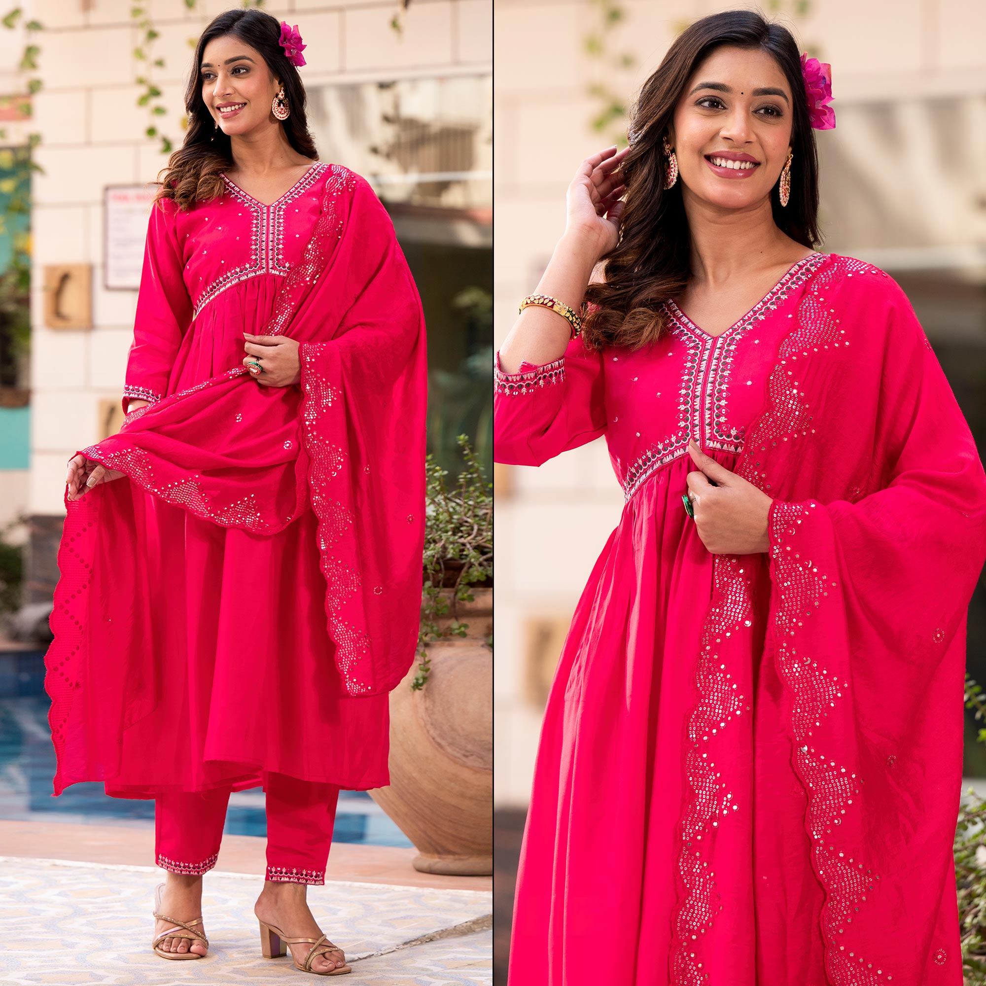 Pink Embroidered Pure Silk Alia Cut Salwar Suit