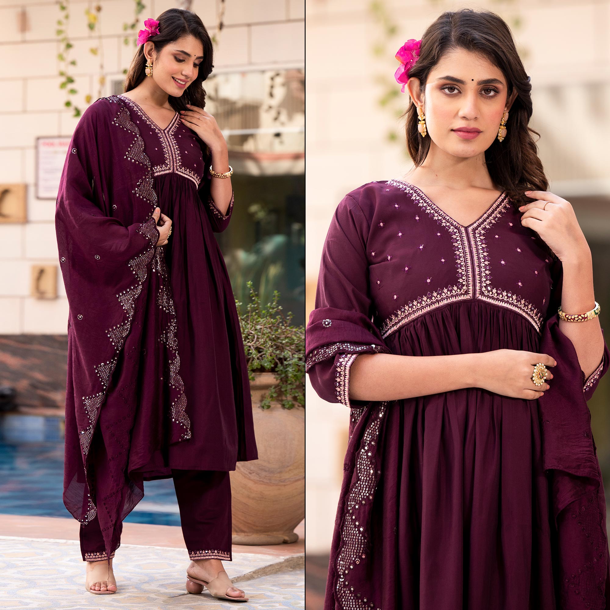 Wine Embroidered Pure Silk Alia Cut Salwar Suit