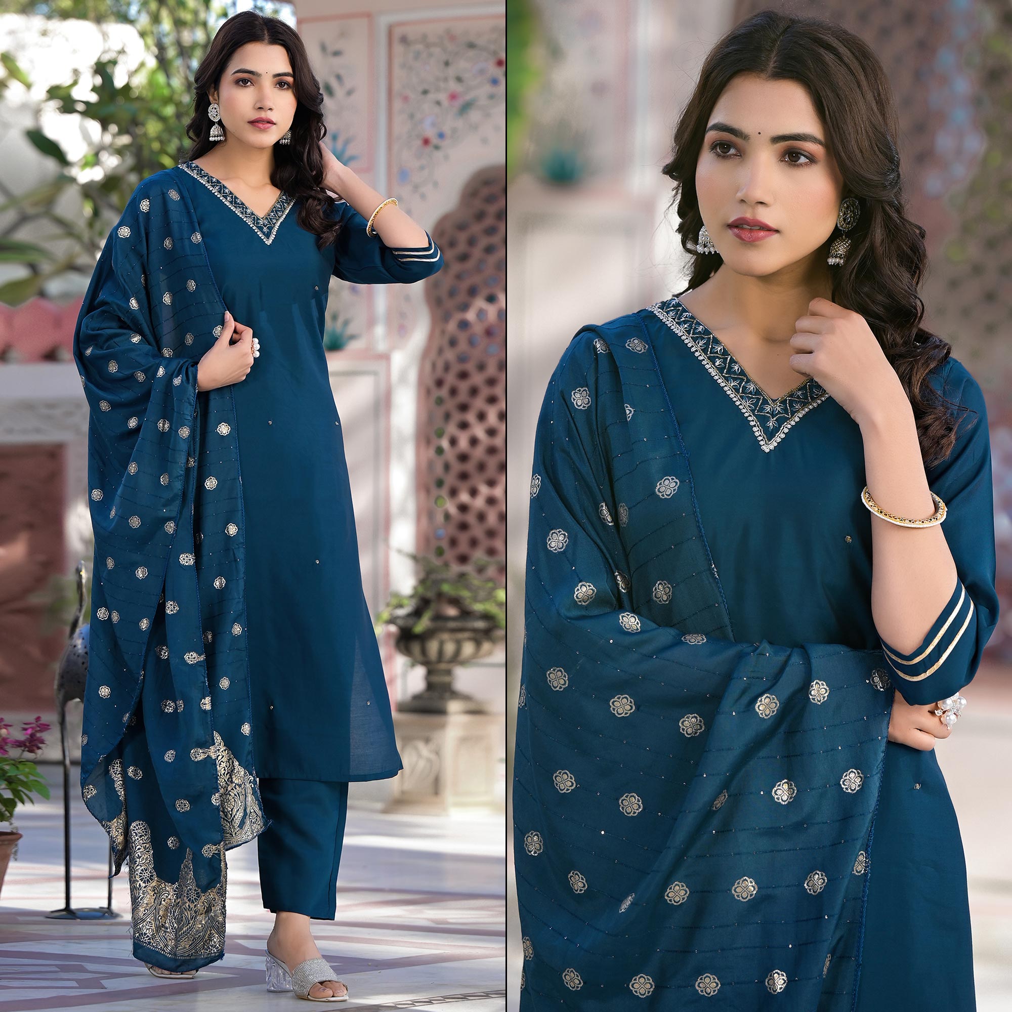 Blue Embroidered Pure Silk Straight Salwar Suit