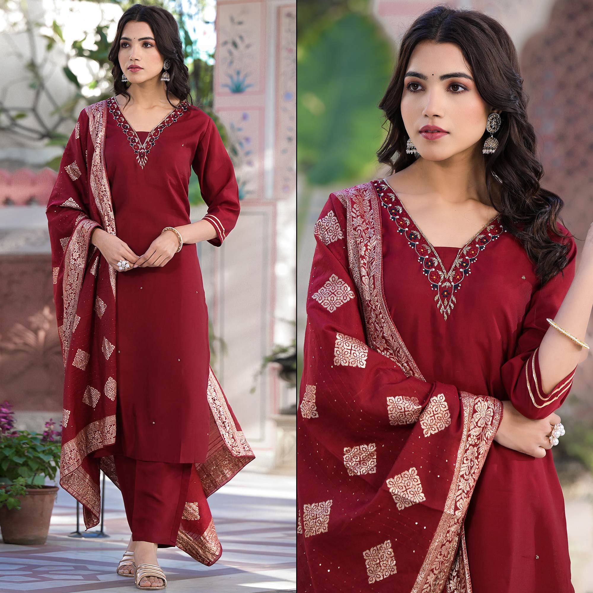 Maroon Embroidered Pure Silk Straight Salwar Suit