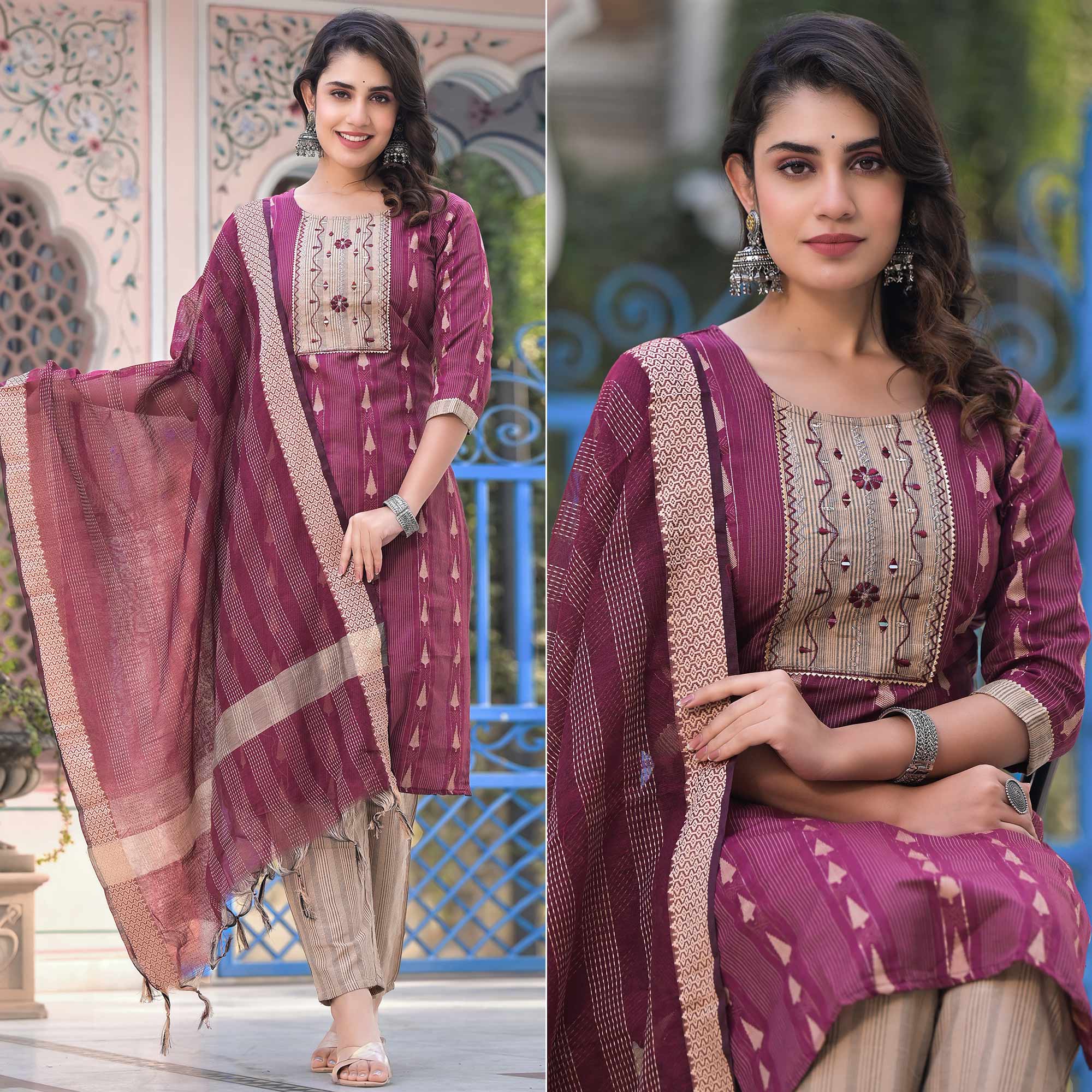 Wine Woven Pure Cotton Straight Salwar Suit