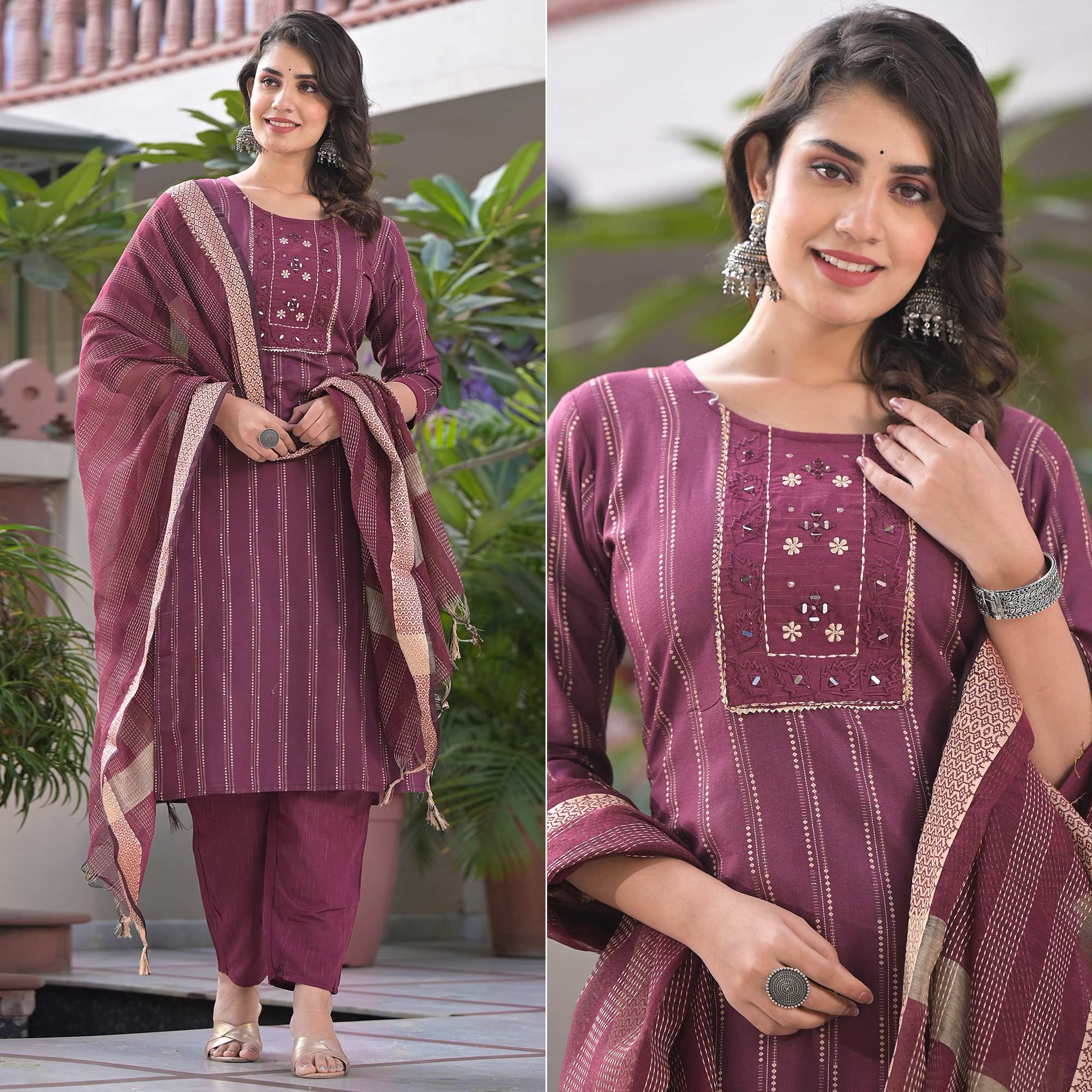 Wine Woven Pure Cotton Straight Salwar Suit