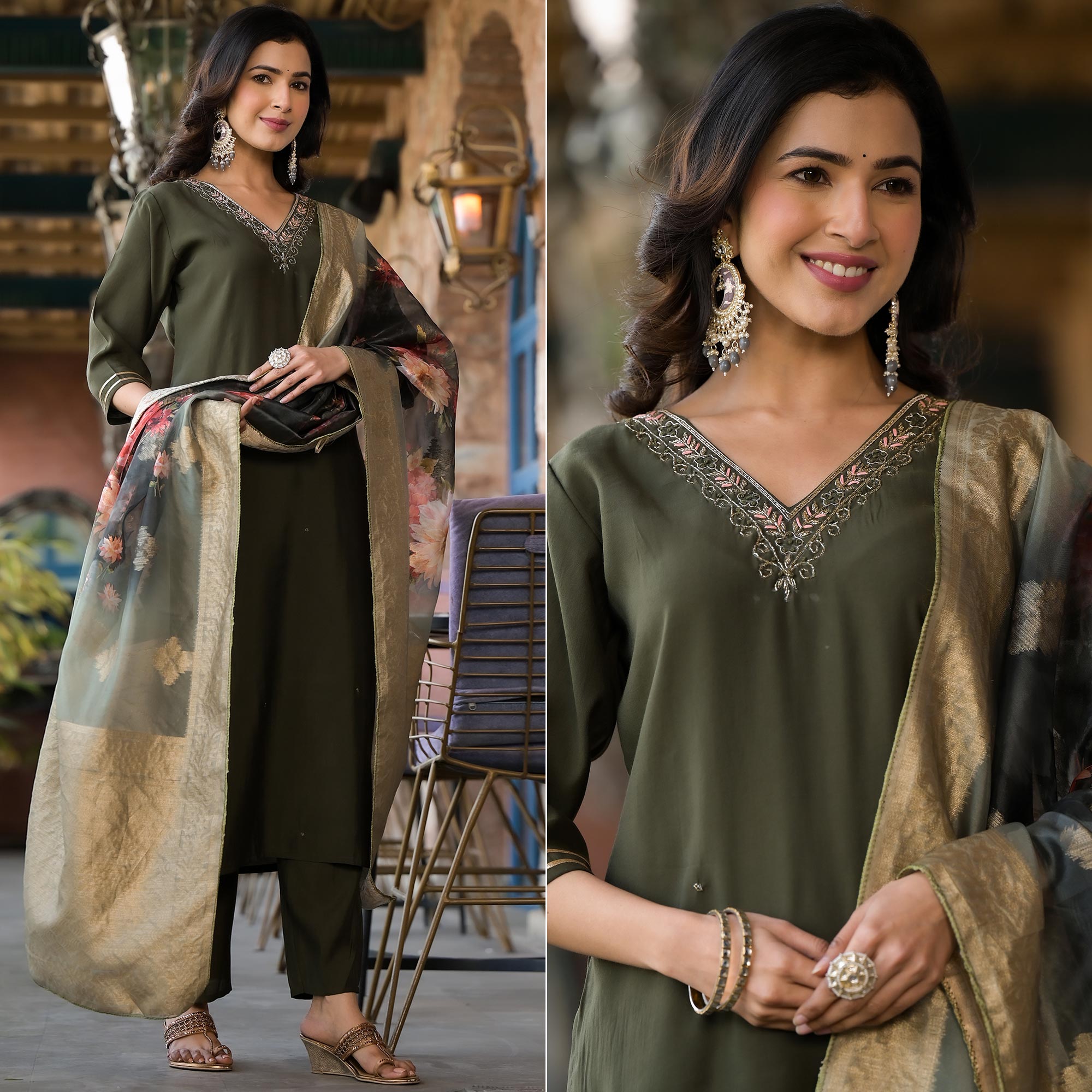 Olive Green Embroidered Pure Silk Salwar Suit With Handcrafted