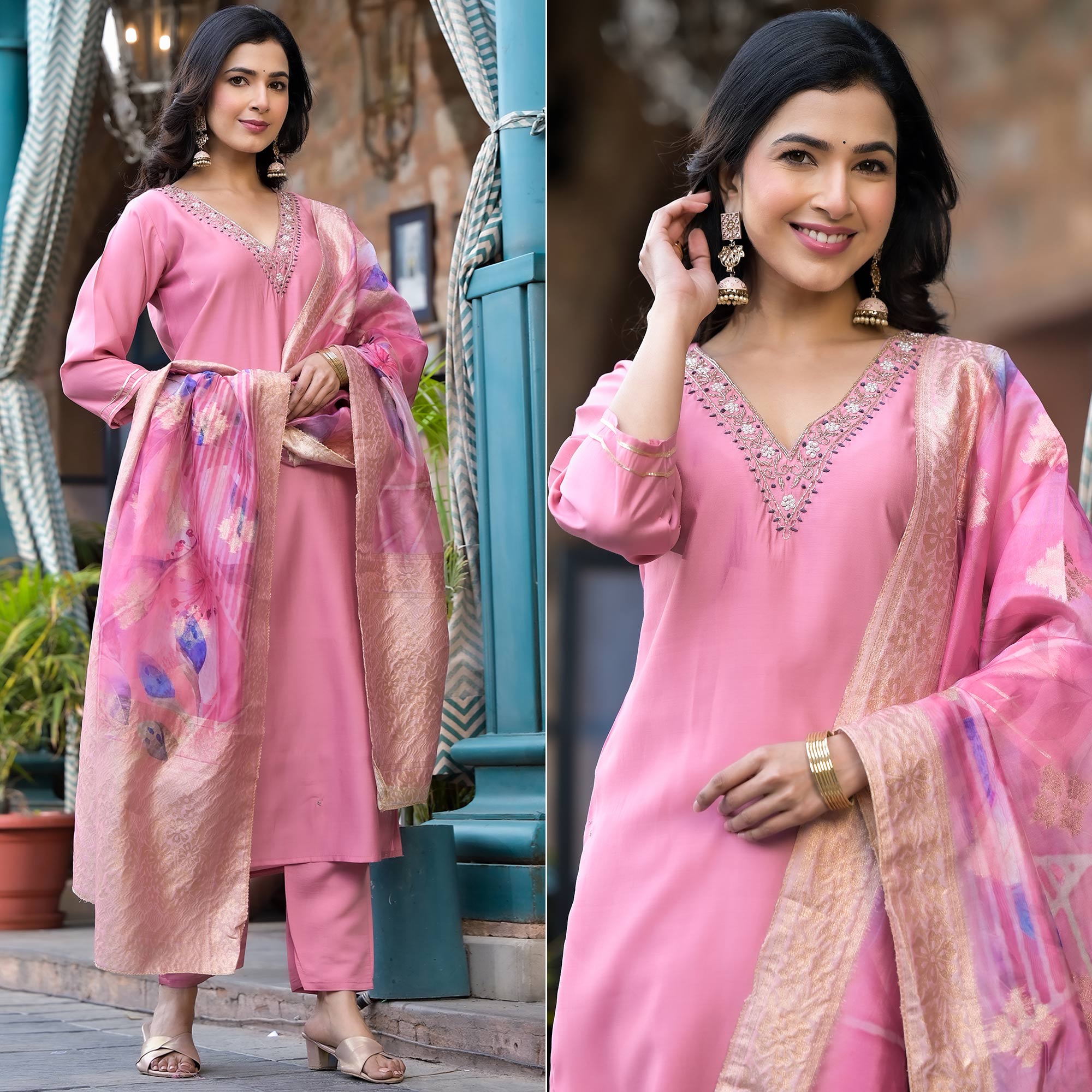 Pink Embroidered Pure Silk Salwar Suit With Handcrafted