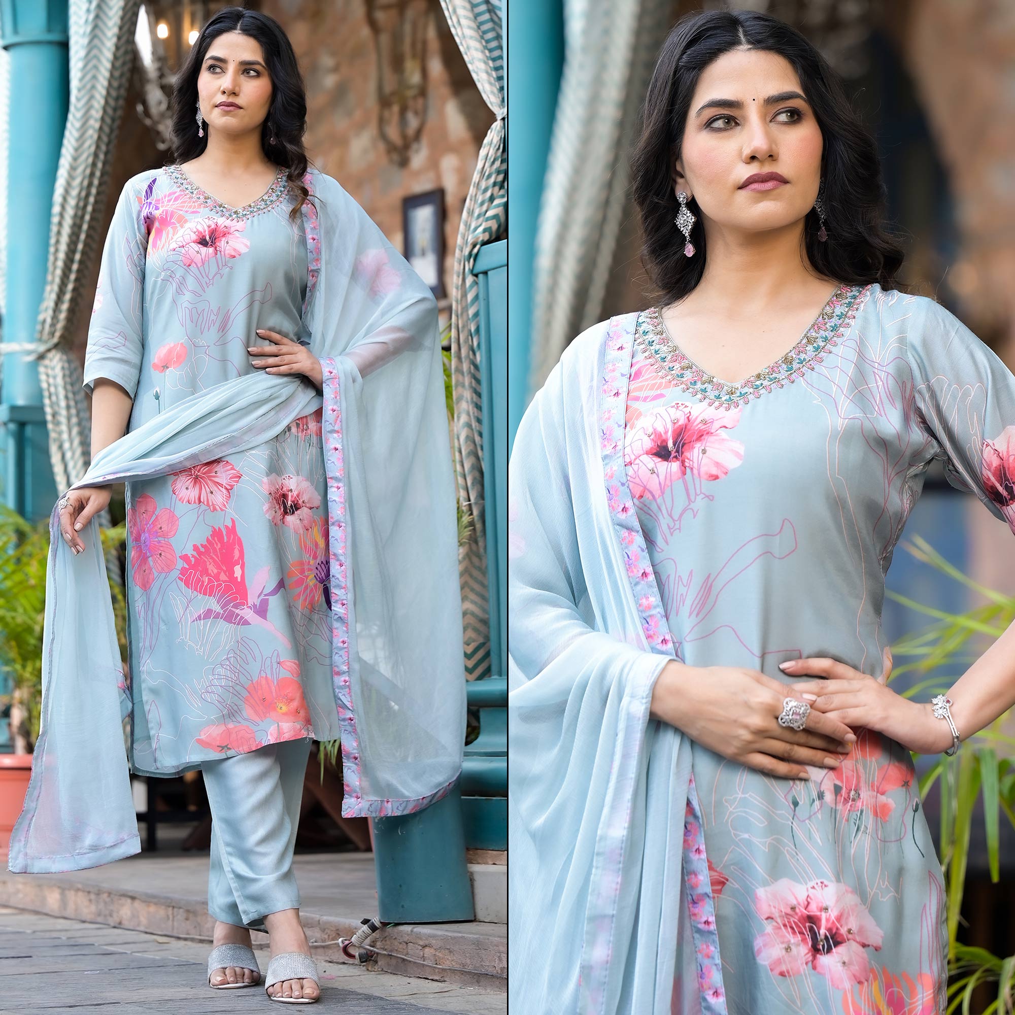 Country Blue Floral Printed Viscose Salwar Suit With Beads Work